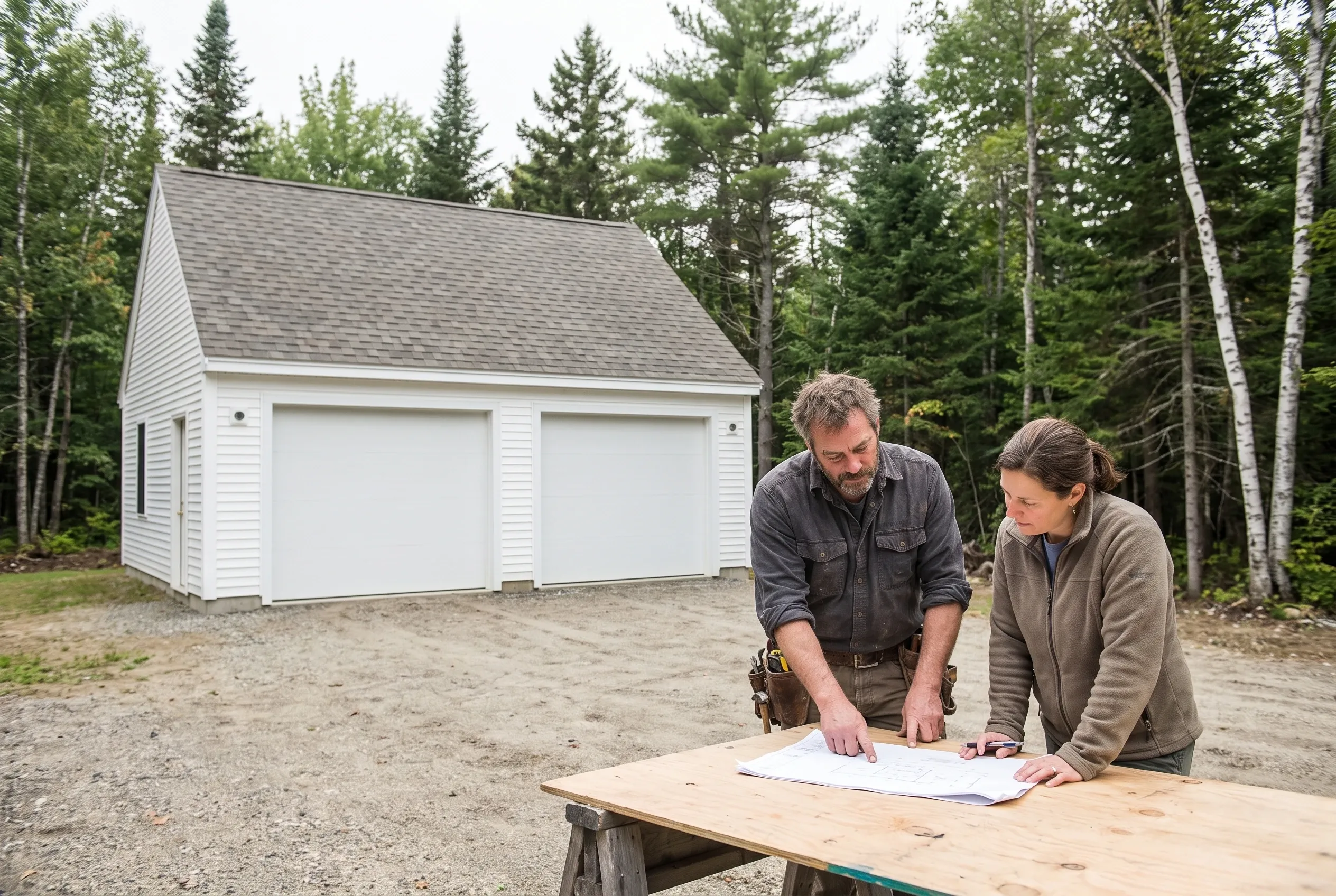 Tom Linkens and a homeowner reviewing garage drawings on a plywood table in front of a finished two-bay garage with white siding