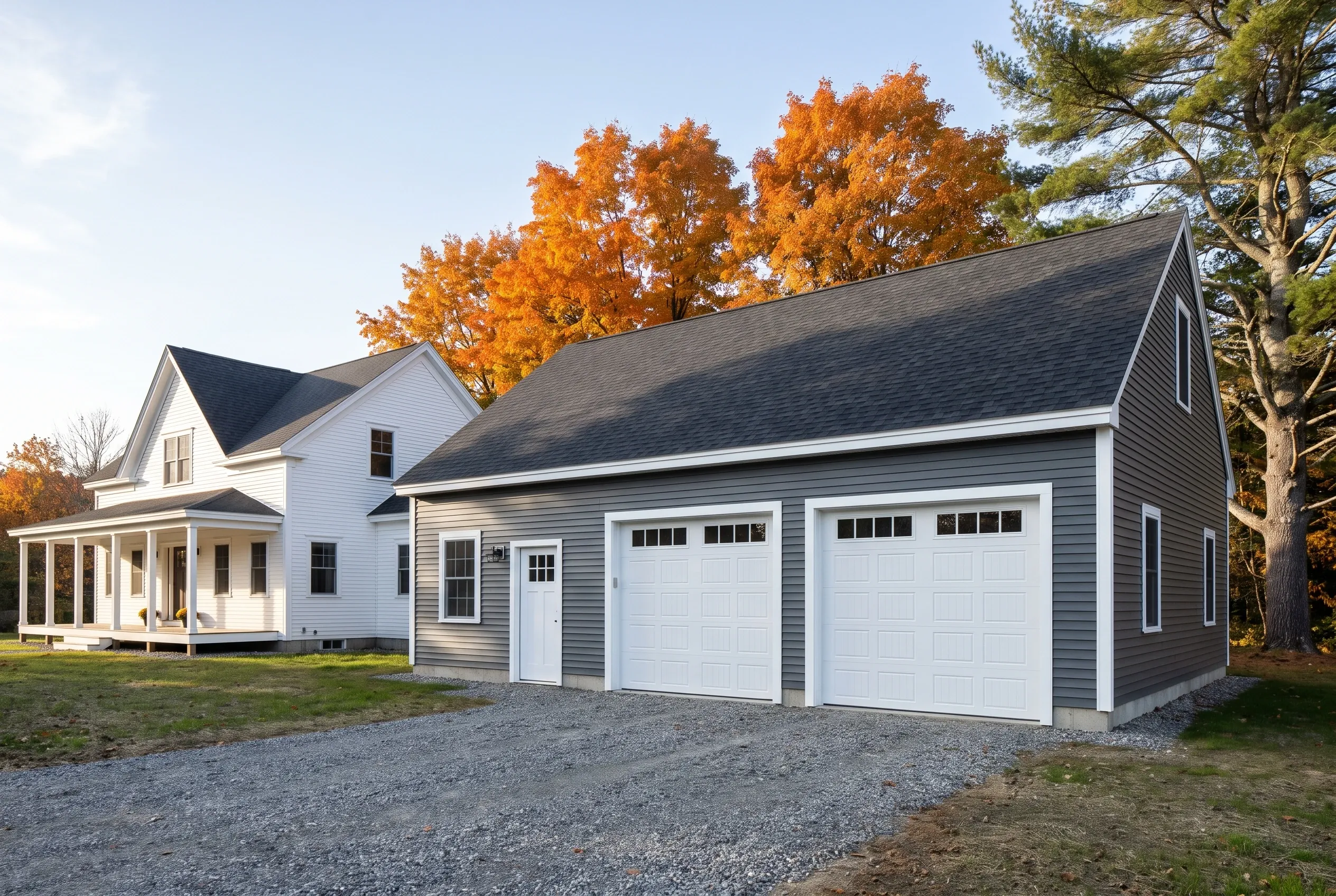 Modern Two-Bay Garage: A two-bay white garage with dark roof attached to a farmhouse with fall foliage in background.