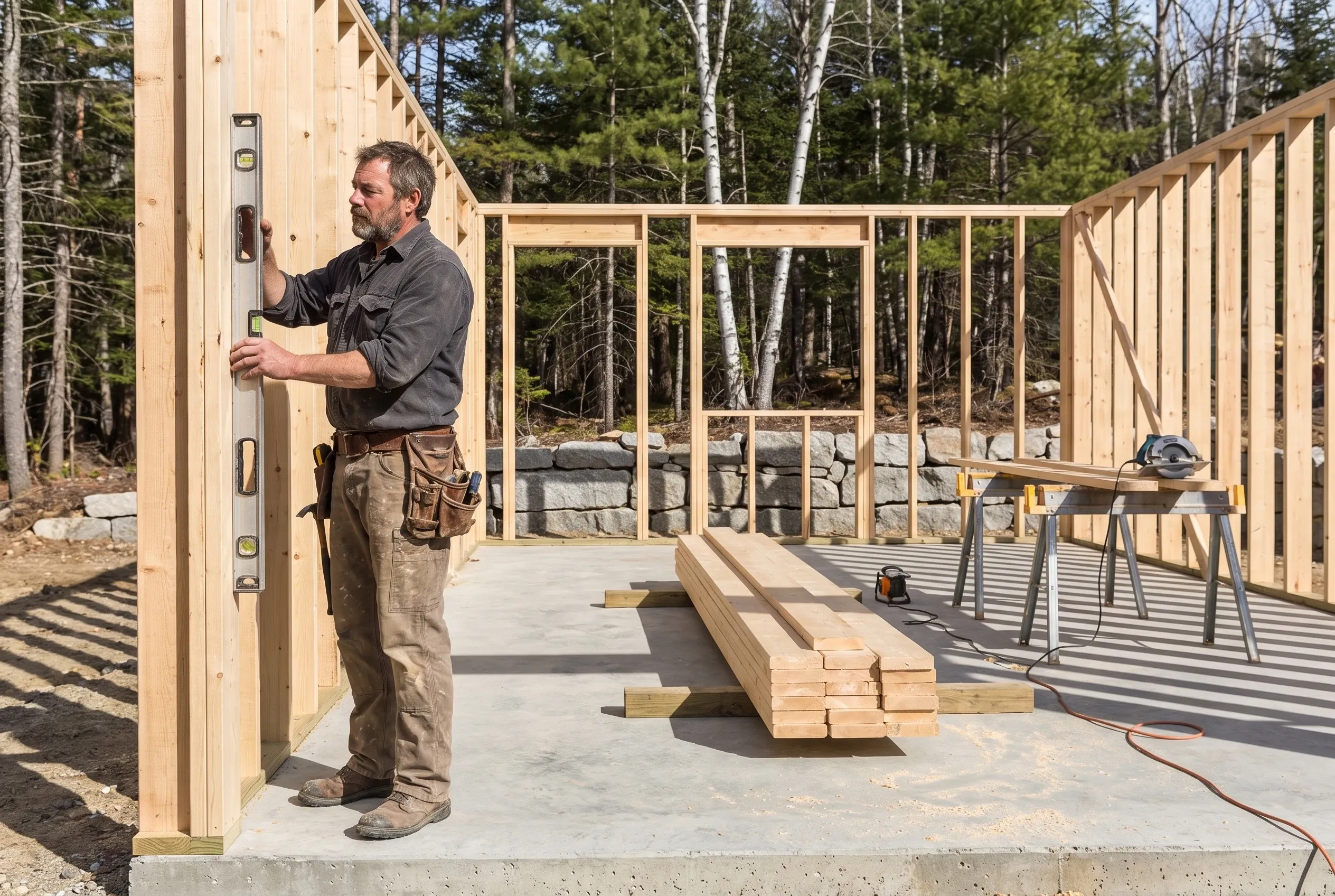 Tom Linkens checking a framed garage wall for plumb with a 4-foot level on a new slab near Augusta, Maine