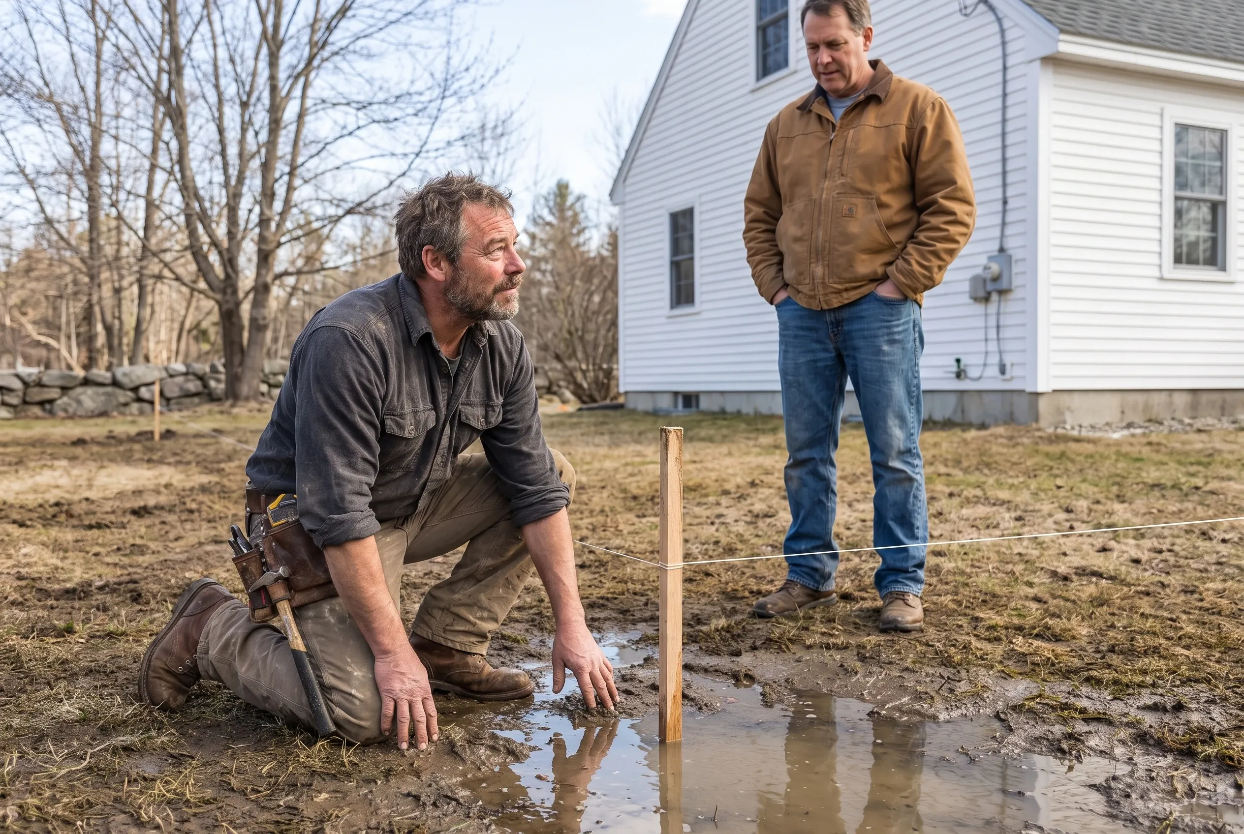 Tom Linkens kneeling at the low corner of a homeowner's yard in early spring, pressing the wet ground beside a survey stake where meltwater has pooled, the homeowner standing beside him