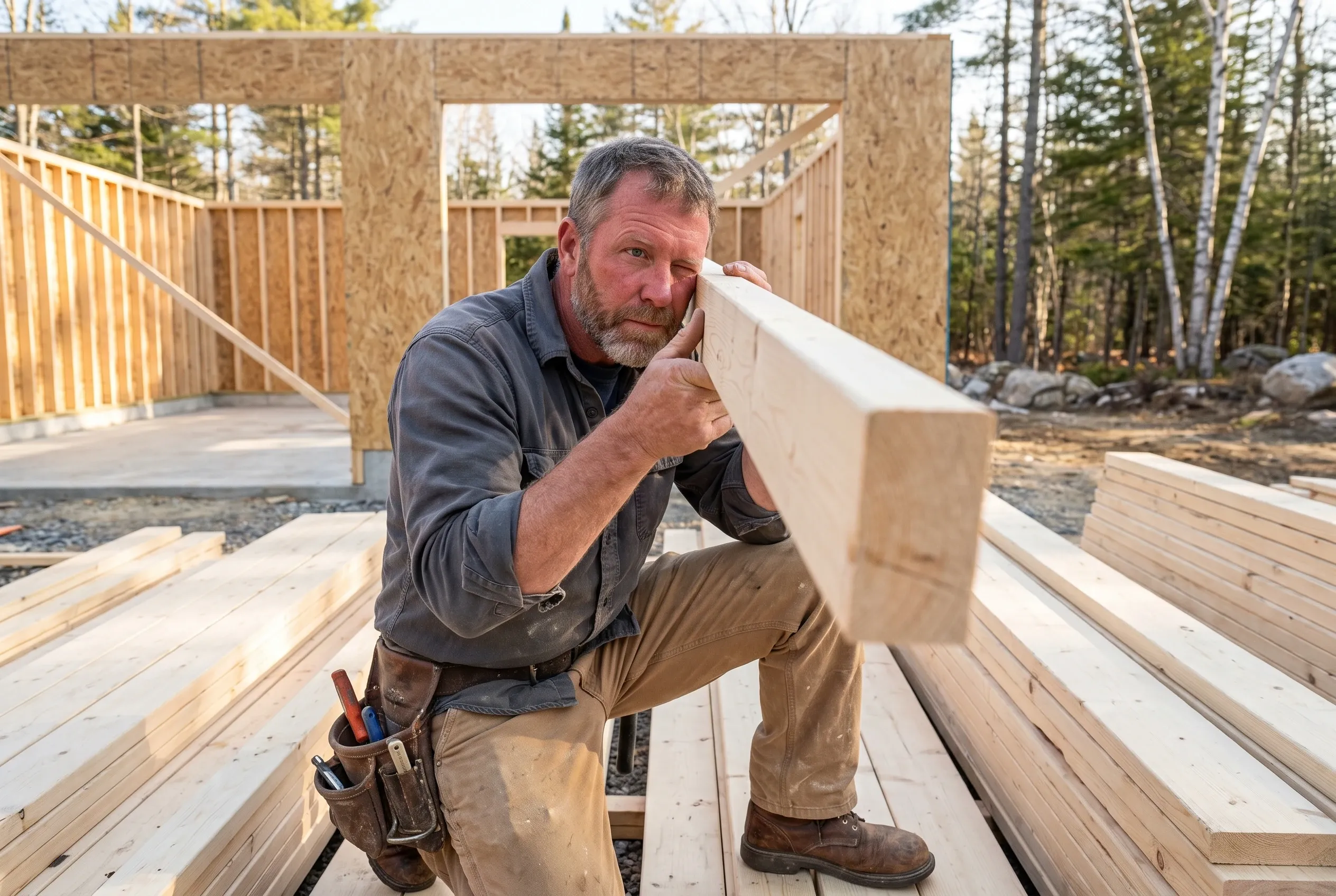 Tom Linkens kneeling at a stack of spruce studs on a garage job site, sighting down one board to check it for crown, framed garage walls behind him