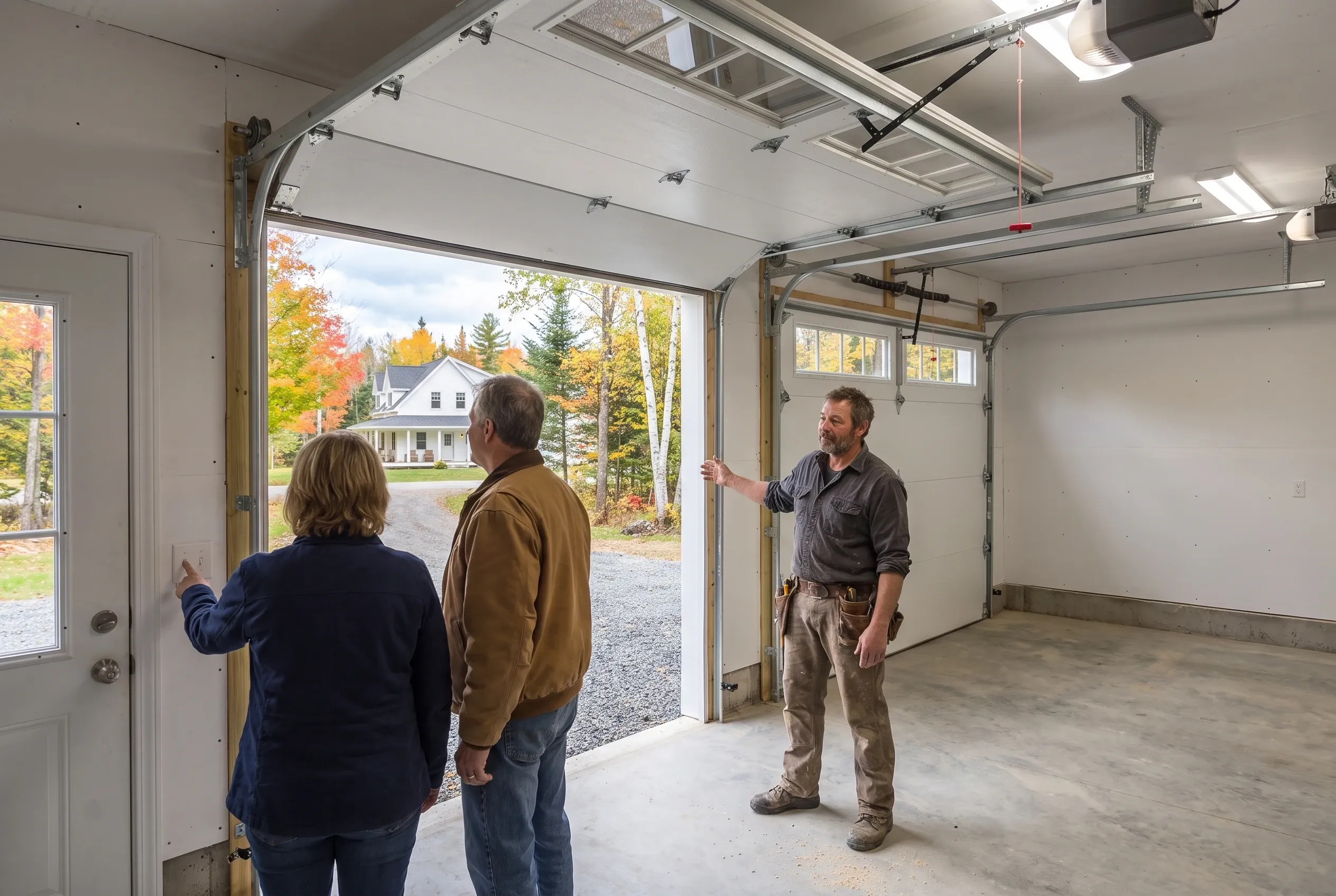 Tom Linkens walking homeowners through their finished two-bay garage as the overhead door opens