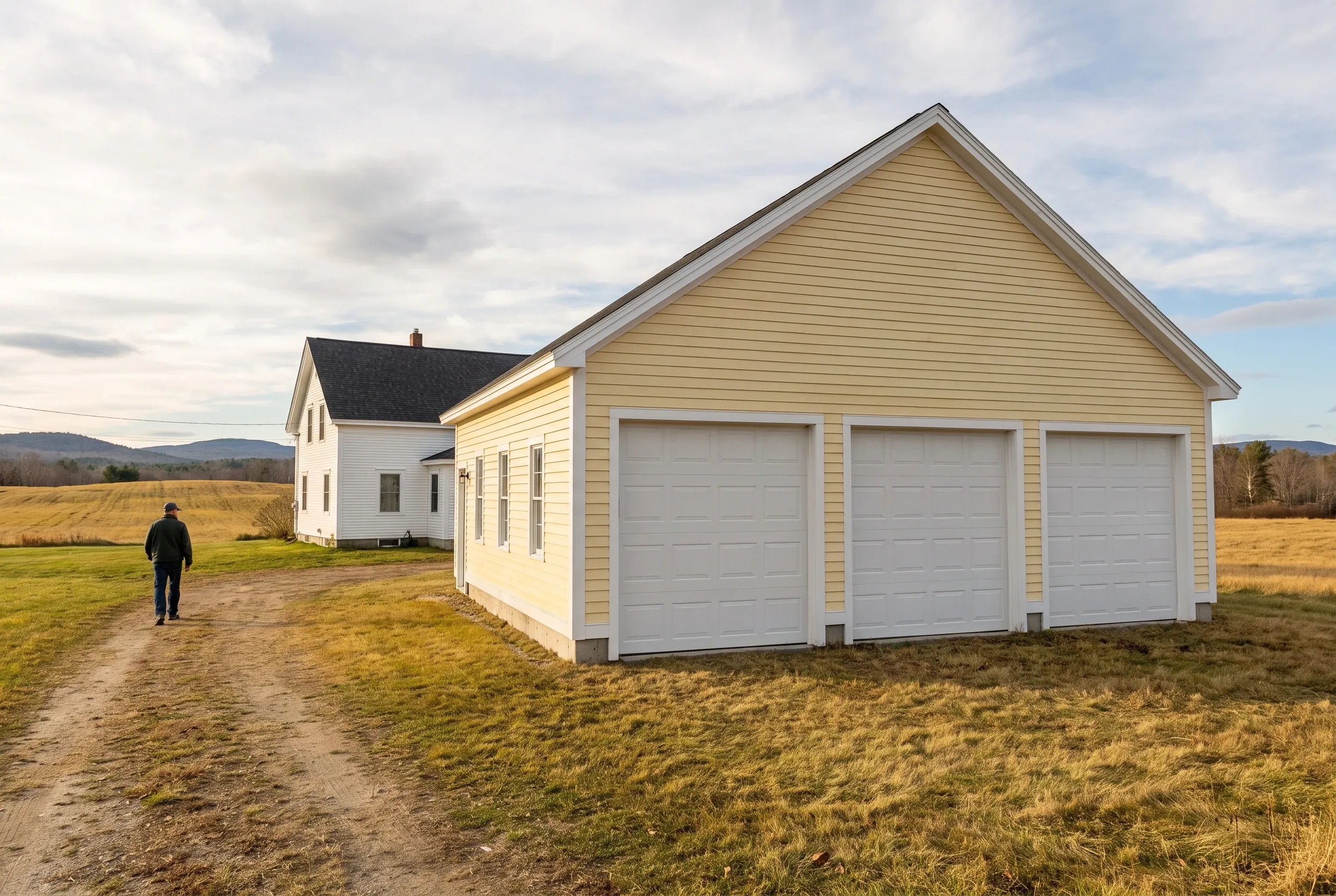 Three-bay garage on a farm lot near Augusta, Maine: a pale yellow three-bay garage with three white overhead doors in an open hayfield beside a white farmhouse, gravel at the doors and one person walking the dirt drive