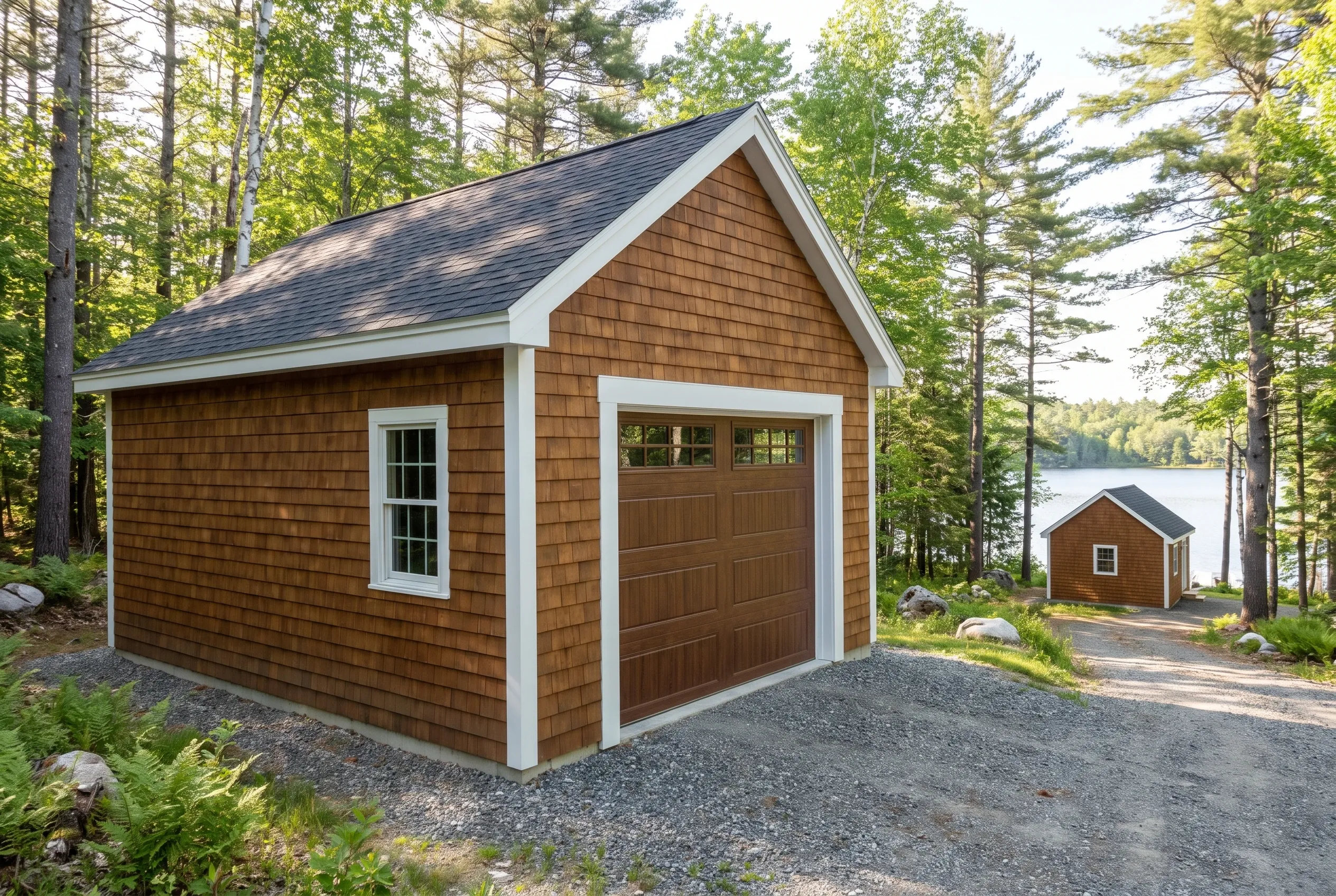 Modern Garage in Maine Forest: Single-bay garage with brown shingle siding, white trim, dark roof, and brown garage door in wooded lakeside setting.