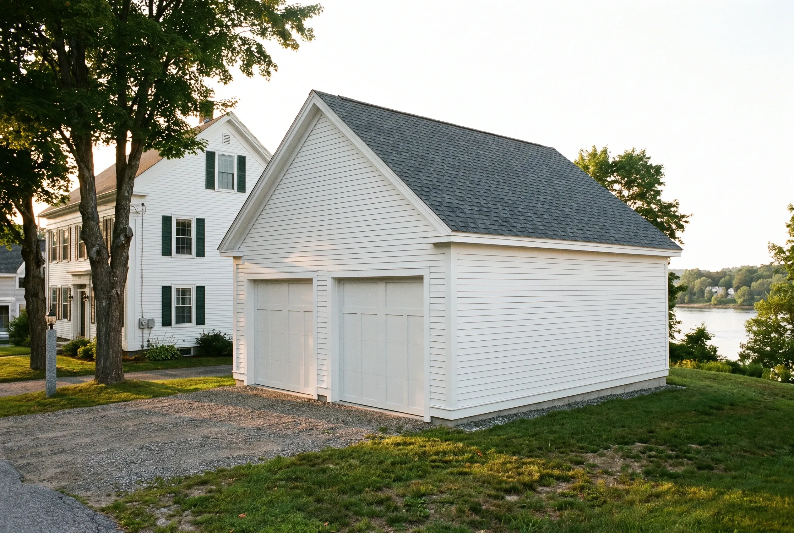 Two-Bay Garage: White two-bay garage with gray roof beside white house on gravel driveway near water in Maine.