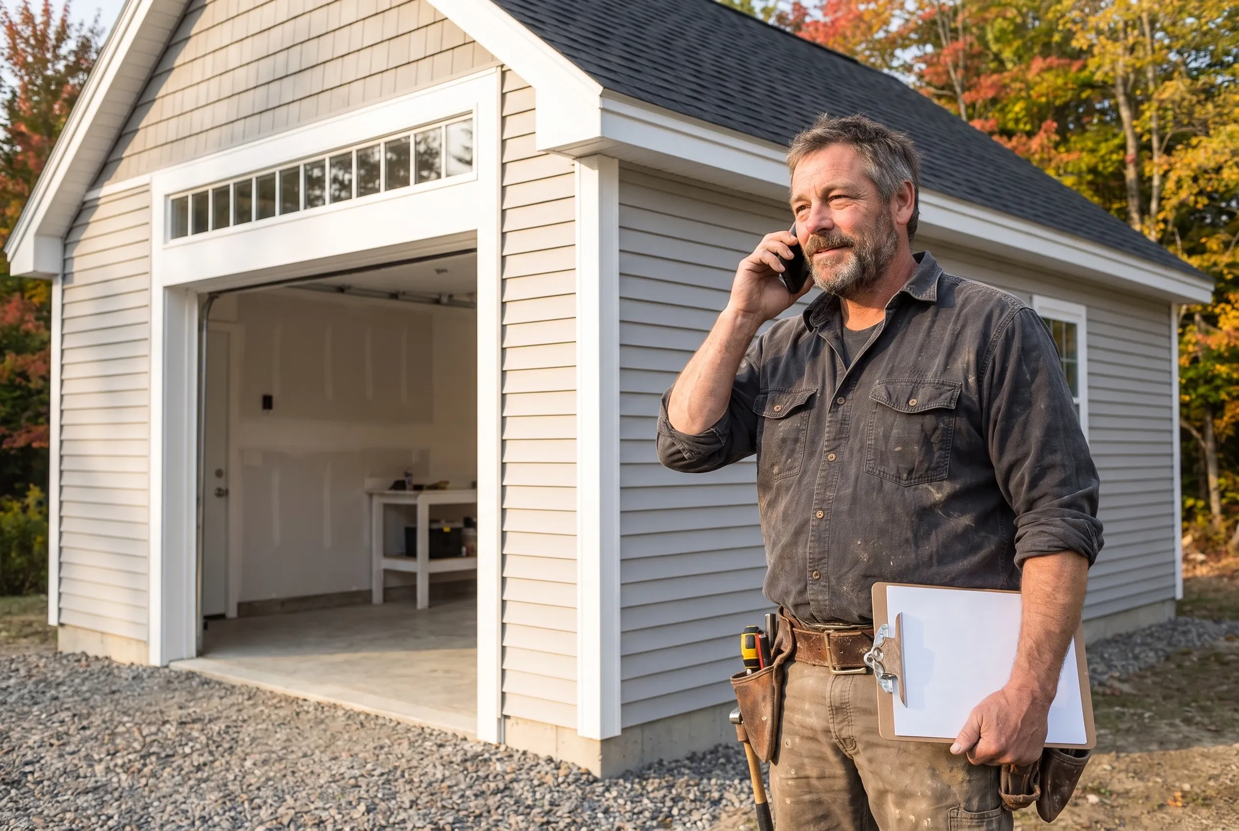 Tom Linkens on the phone with a clipboard in hand outside a finished one-bay garage with gray clapboard siding, gravel running to its open door