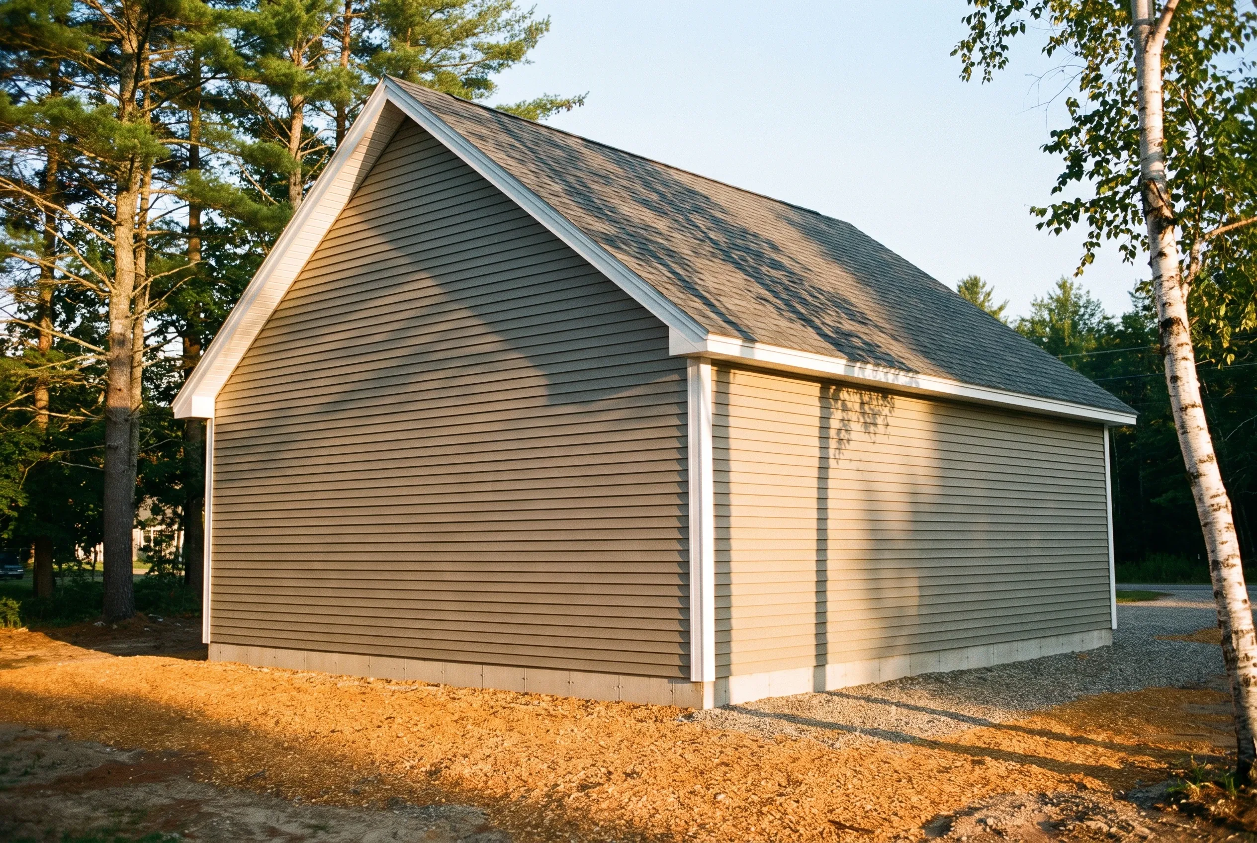 Two-bay garage in Belgrade, ME: New tan sided garage with dark roof and white trim surrounded by pine trees and gravel driveway.