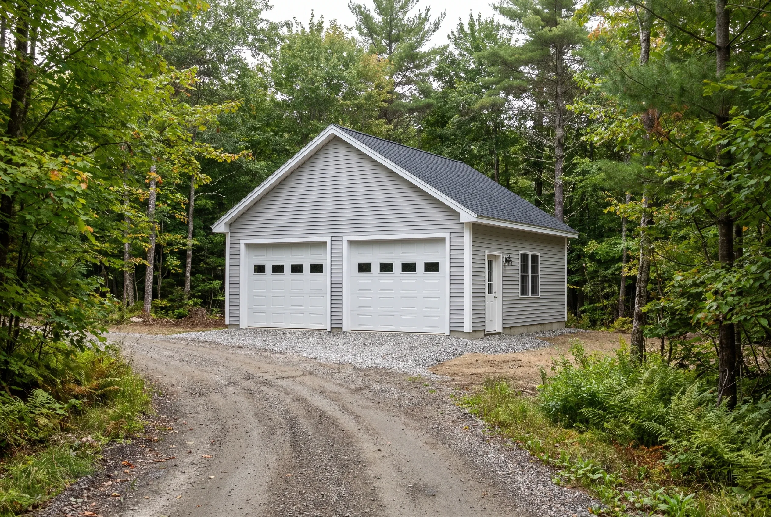 Two-bay detached garage in Belgrade, ME: White vinyl-sided garage with dark roof and two white overhead doors on a gravel driveway surrounded by evergreen and deciduous trees.