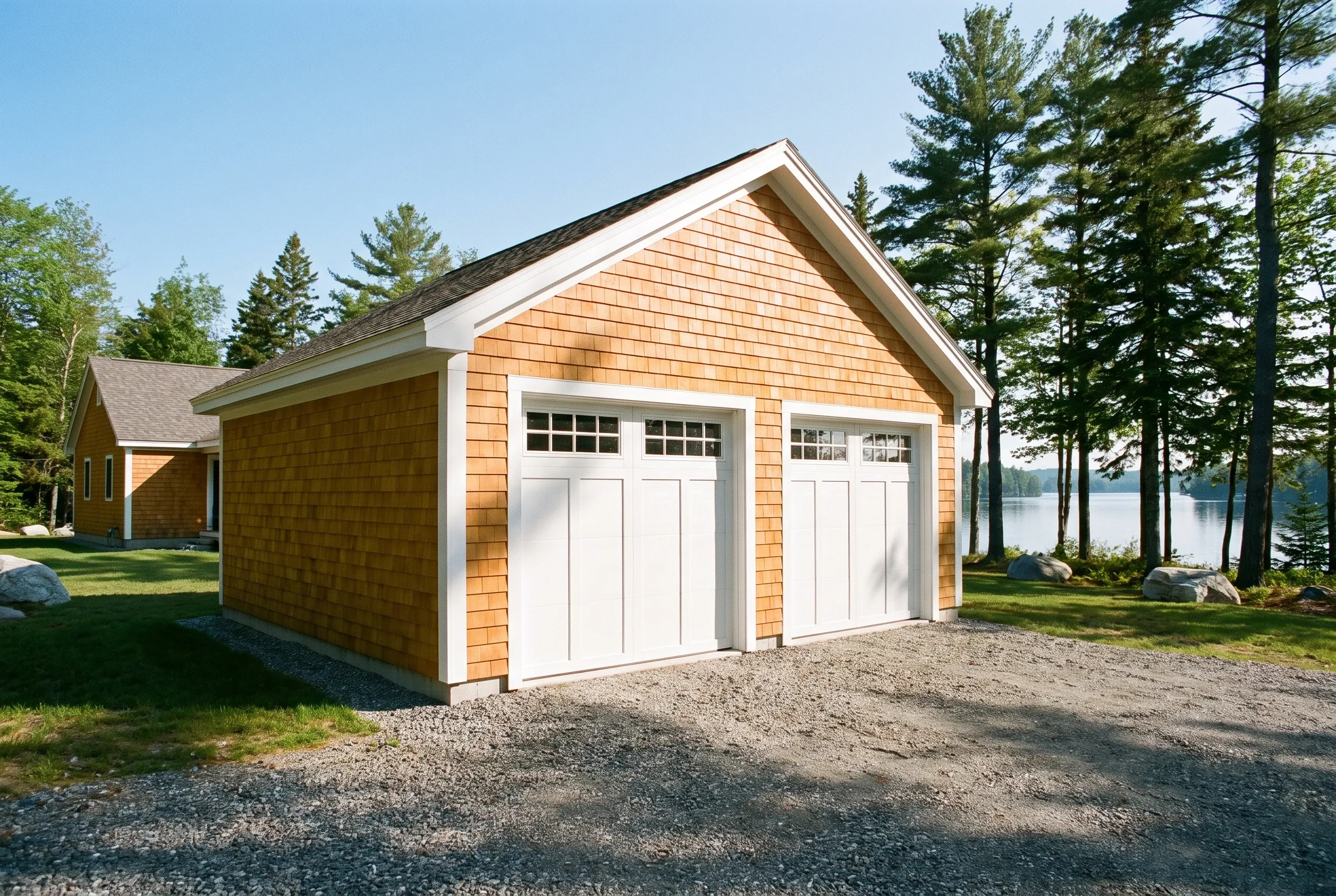 Garage builders in Belgrade, ME: Two-bay garage with cedar shake siding, white trim, white garage doors, and dark shingle roof beside lake and evergreen trees.