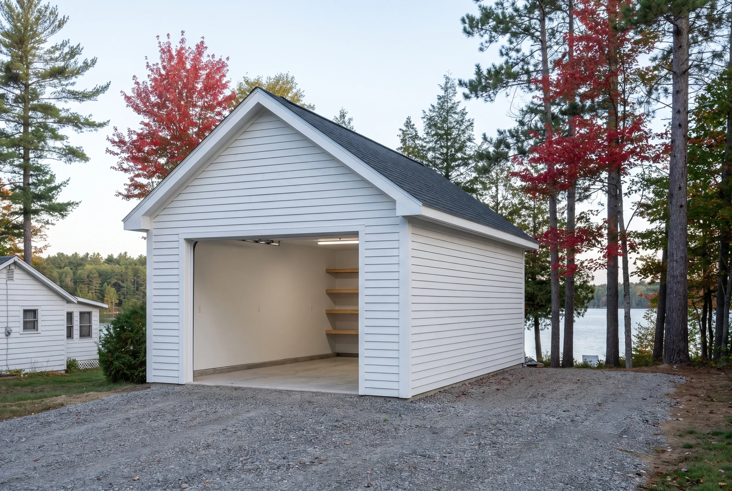Single-bay garage in Belgrade, ME: White vinyl-sided garage with black roof and open bay door, surrounded by pine trees with fall foliage, water visible in background.
