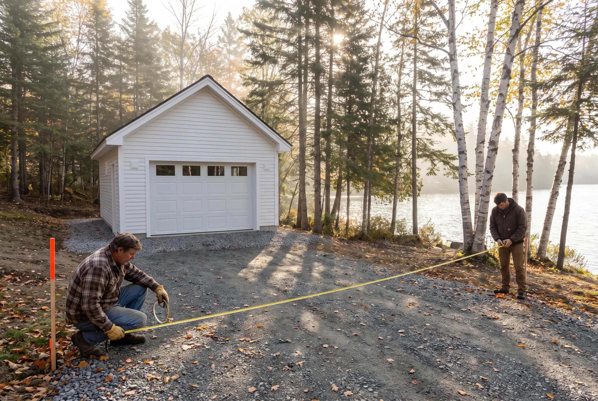 Two-bay garage in Belgrade, ME: White single-story garage with gable roof and horizontal siding near a lake. Two men measure the driveway with a tape measure. Birch and evergreen trees surround the structure.