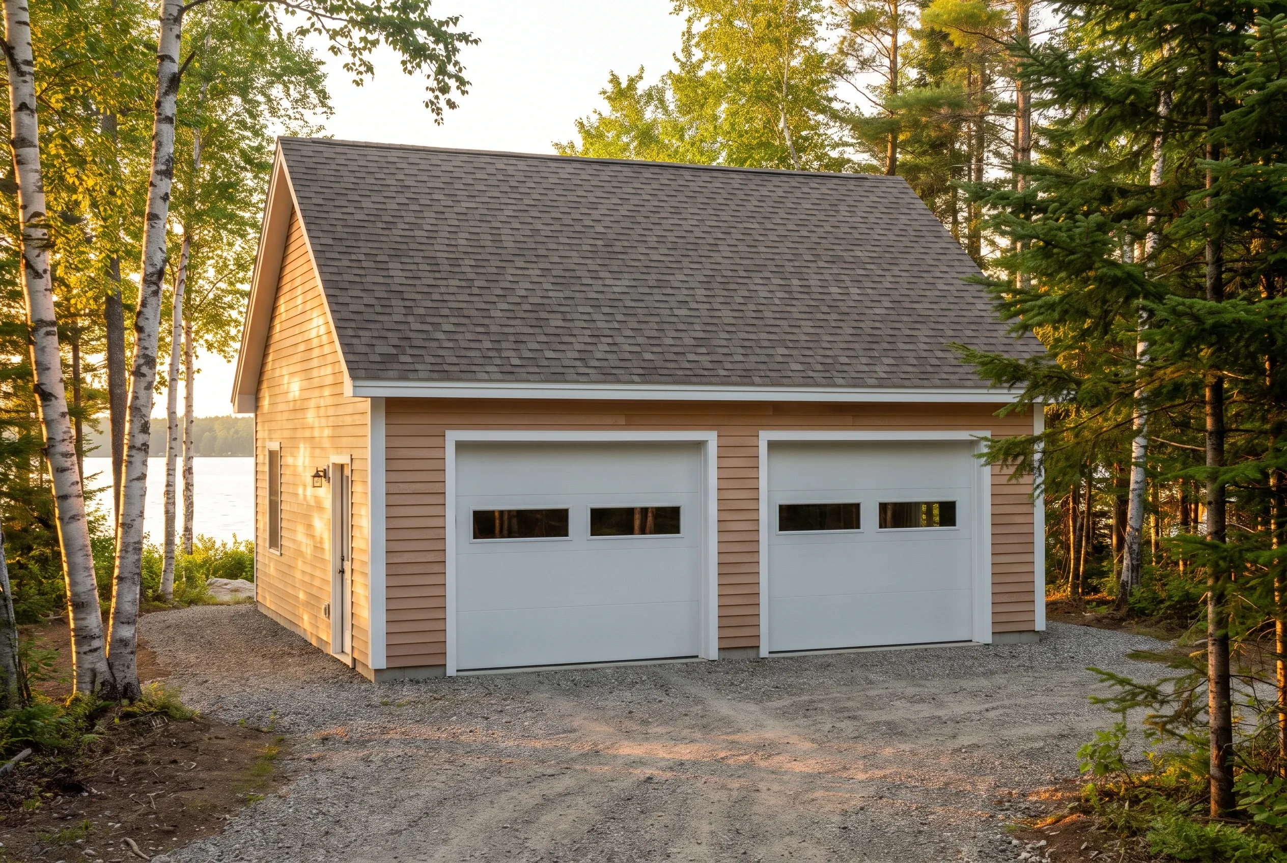 Two-bay garage in Belgrade, ME: A two-bay white garage with gray shingle roof and tan siding sits in a wooded setting surrounded by birch and pine trees on a gravel driveway.