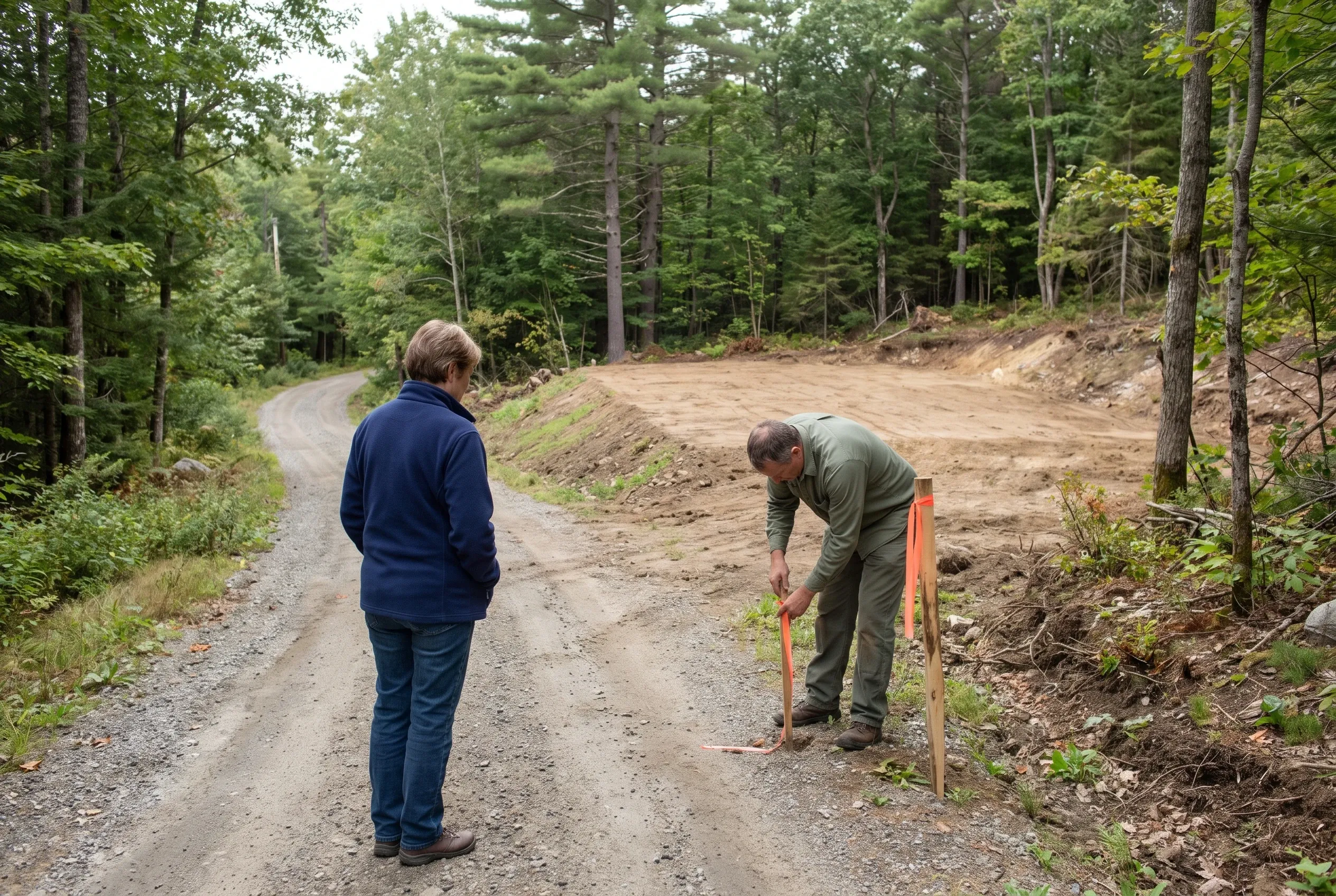 Road construction in Belgrade, Maine: Two workers examine a dirt road project in a forested area with tall trees surrounding the site.