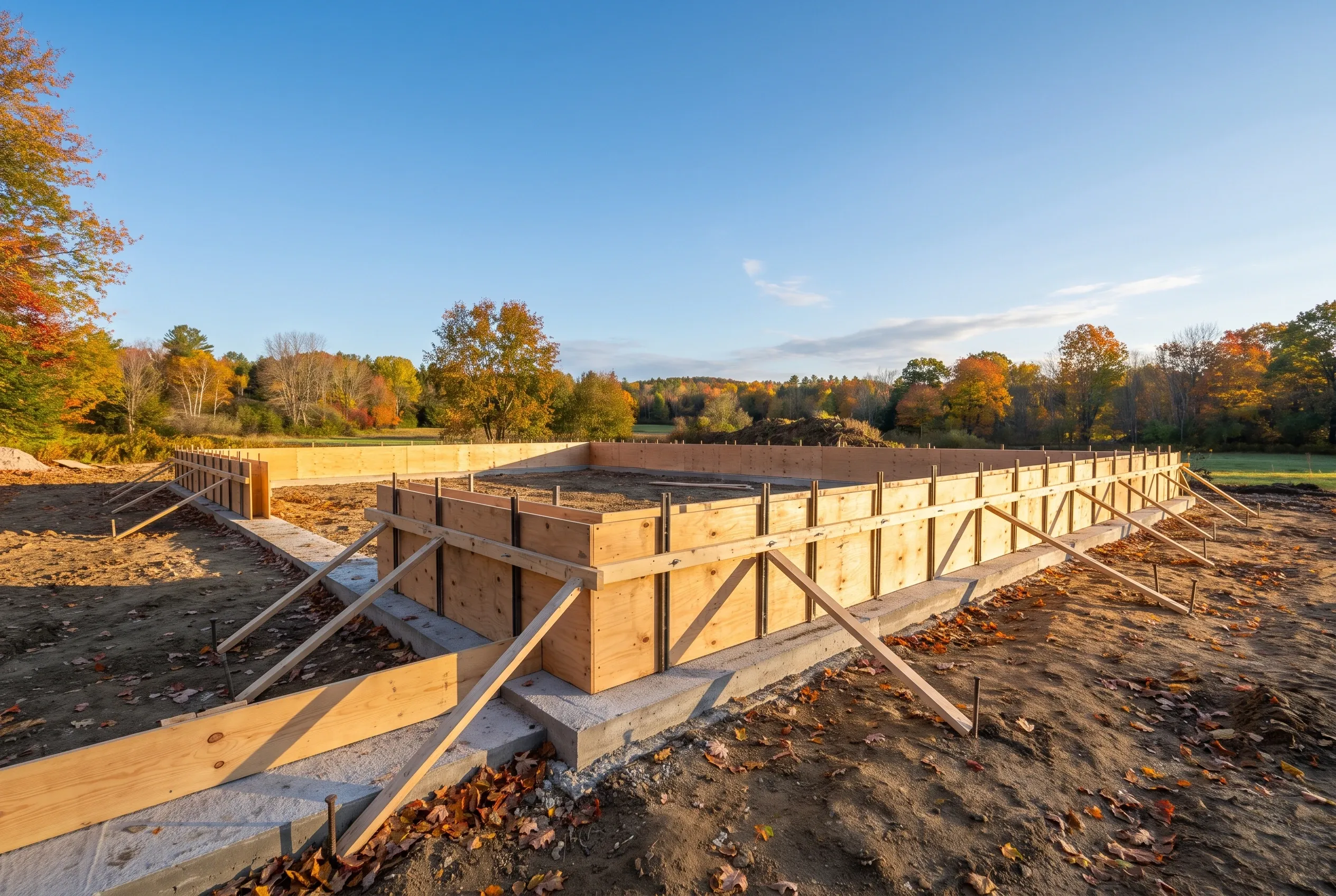 Equestrian arena under construction in Belgrade, ME: wooden-framed structure with multiple stalls and cross-fencing in sandy lot surrounded by autumn trees.