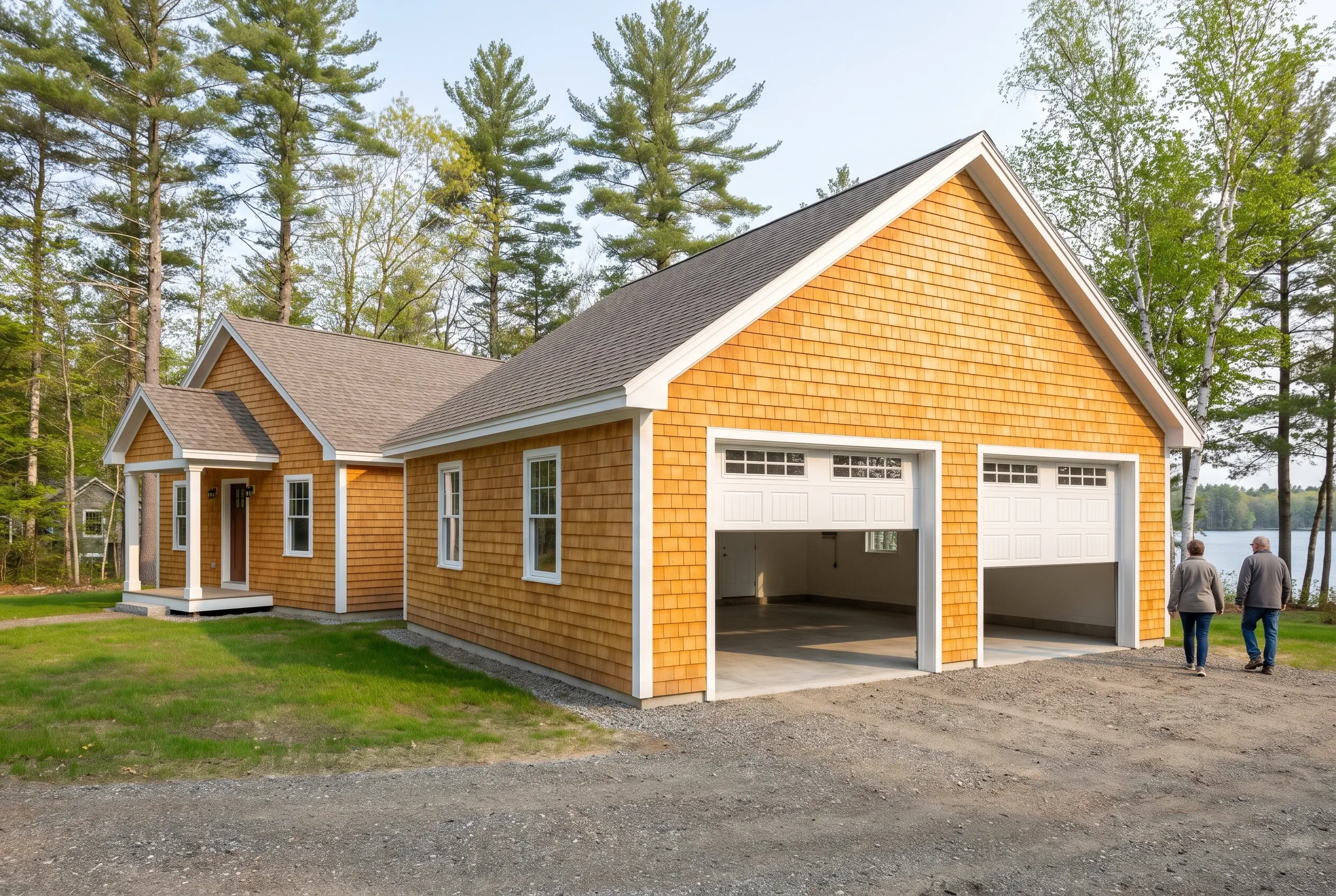 Two-bay garage with attached addition in Belgrade, ME: Orange cedar shake siding with white trim, dark roof shingles, two open garage bays, two people standing on driveway, surrounded by evergreen trees and lawn.