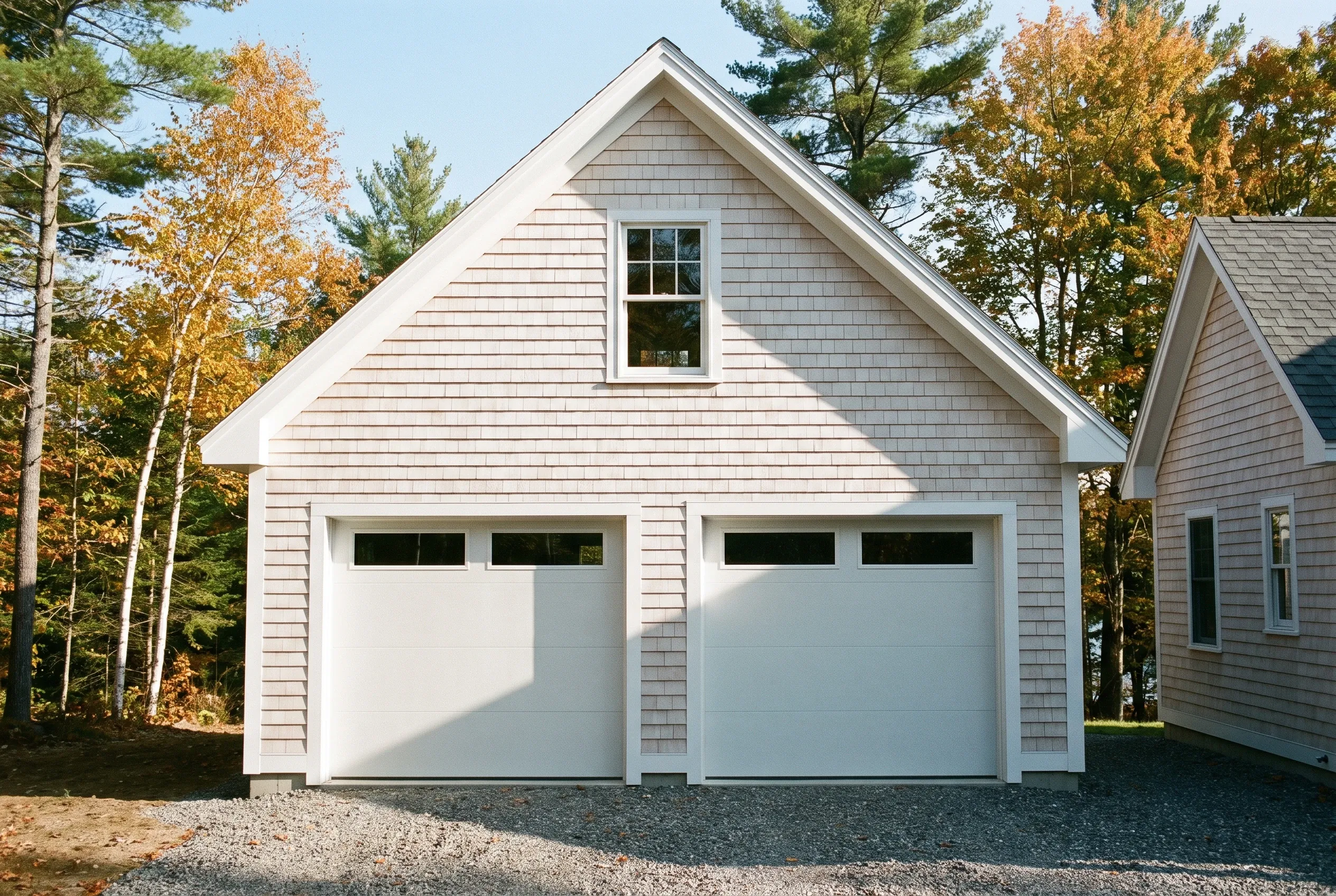 Two-bay garage in Belgrade, ME: White two-bay garage with light gray shingle siding, gabled roof, and upper gable window, surrounded by autumn trees.