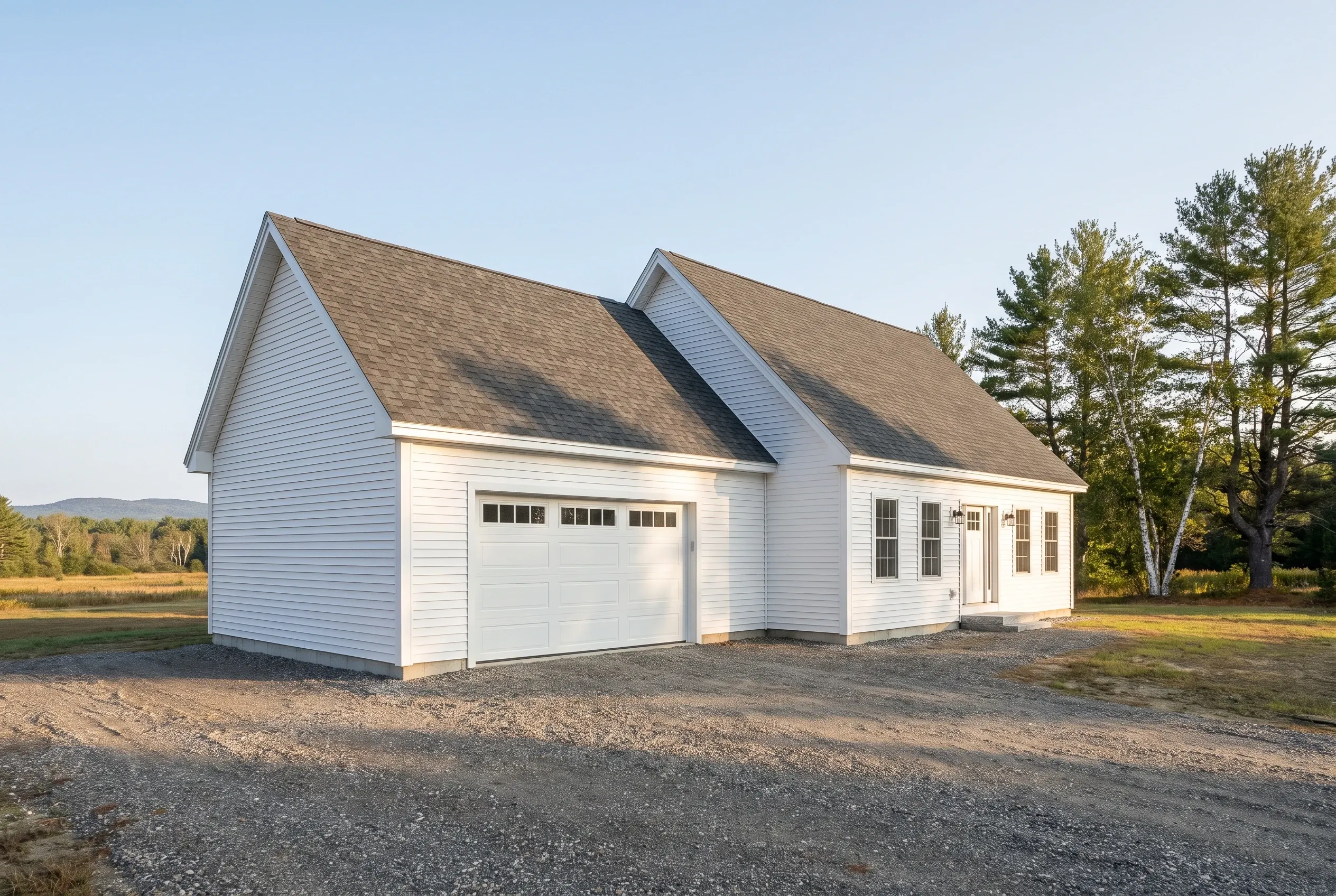 Two-bay detached garage in Chelsea, ME: White vinyl-sided garage with two peaked roofs and asphalt shingles, single garage door, situated on gravel driveway with trees and fields in background.