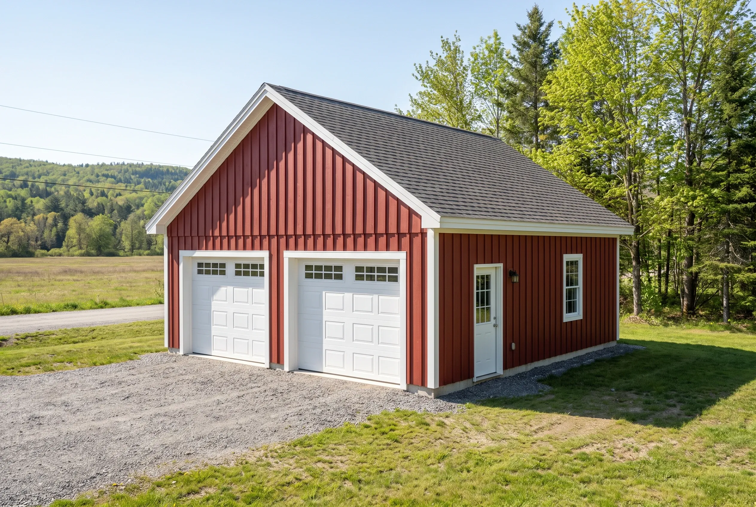 Two-bay garage with side entry in Chelsea, ME: Red and white vertical-sided garage with dark roof, white garage doors, and entry door, situated on gravel driveway with green lawn and forested hills in background.