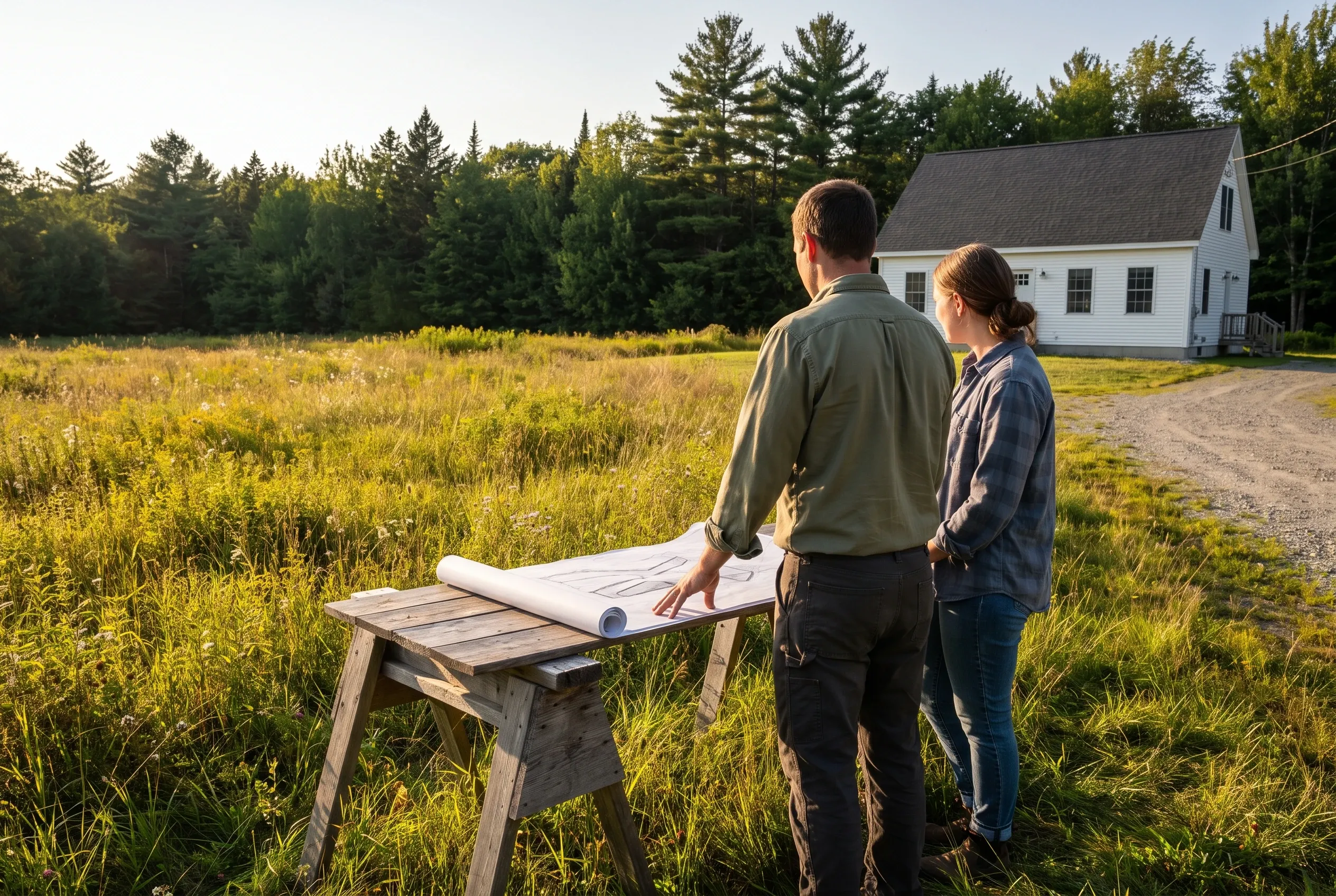 White residential home in Chelsea, ME: Two people review blueprints on a wooden table in a field, with a white-sided house with gray roof visible in the background surrounded by evergreen trees.