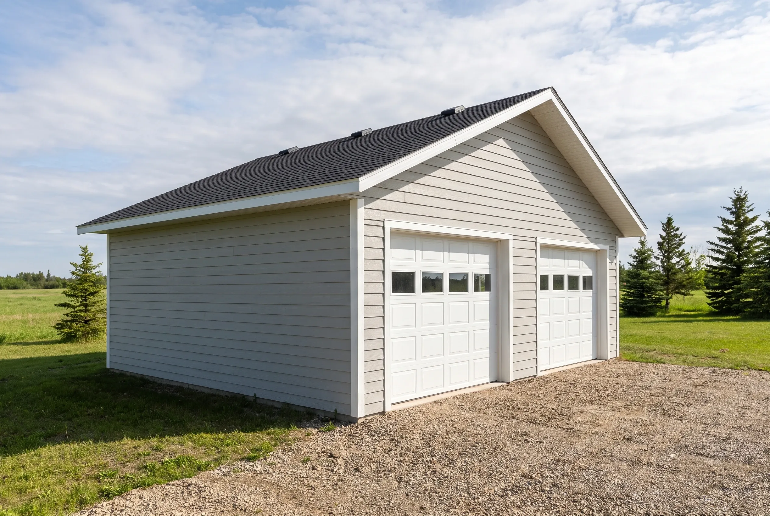 Two-bay garage in Chelsea, Maine: A two-bay detached garage with white vinyl siding, dark asphalt shingle roof, and two white garage doors sits on a gravel driveway surrounded by grass and evergreen trees.