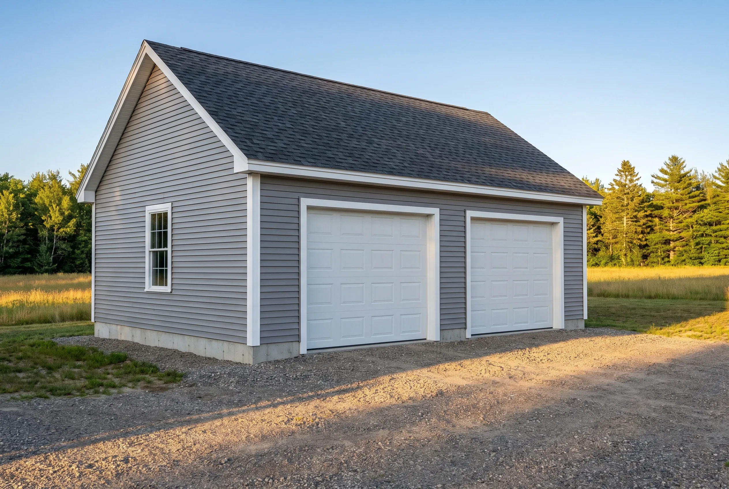 Garage builders in Chelsea, ME: Two-bay garage with gray vinyl siding, white trim, and dark shingle roof in rural setting with gravel driveway and evergreen trees.