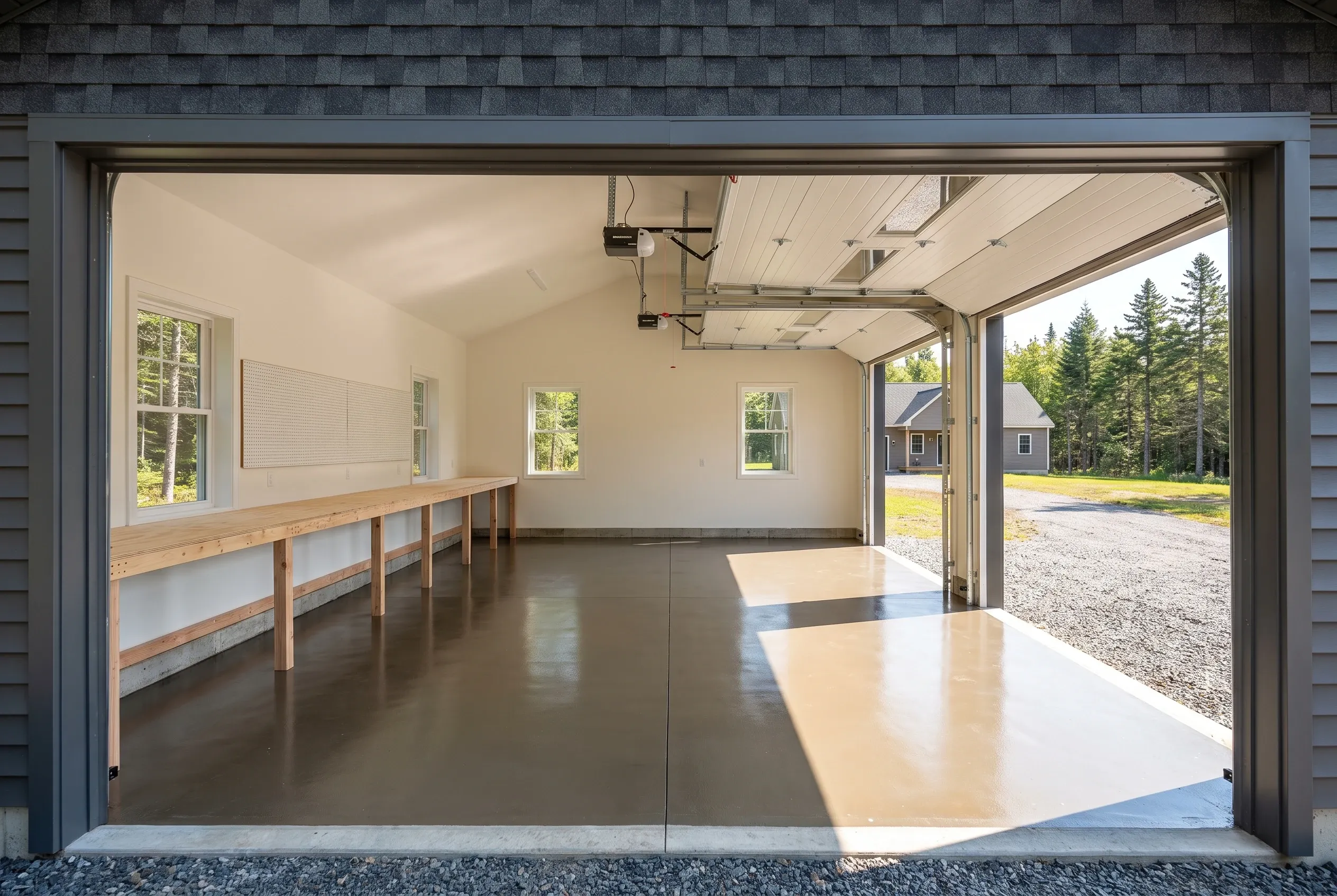 Detached two-bay garage in Chelsea, ME: Interior view of open garage with concrete floor, wooden workbench, white walls, and open bay doors facing driveway and evergreen trees.