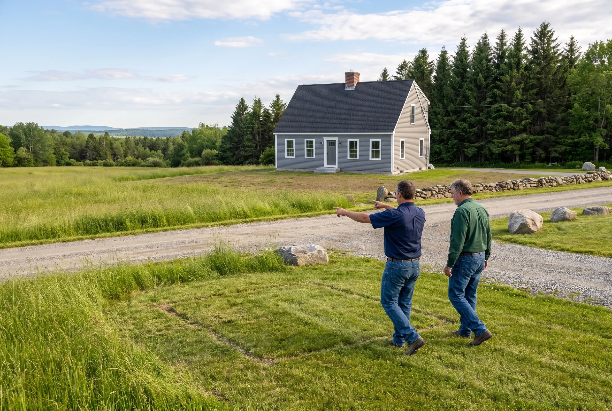 Two-story house in Chelsea, ME: Two men in casual clothing stand in a grassy field pointing toward a white house with dark roof and brick chimney, surrounded by evergreen trees and stone wall.