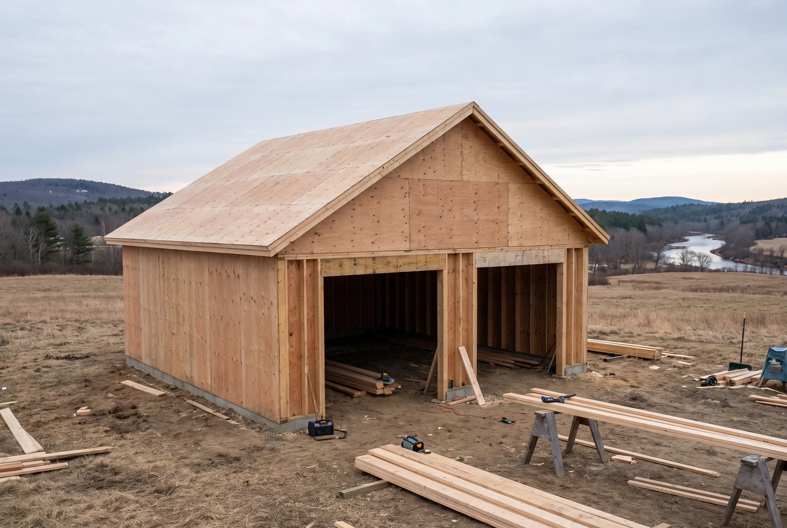Two-bay garage under construction in Chelsea, ME: Wooden-framed garage with two open bays, wooden siding, and wooden roof sheathing in rural setting with mountains and river visible in background.