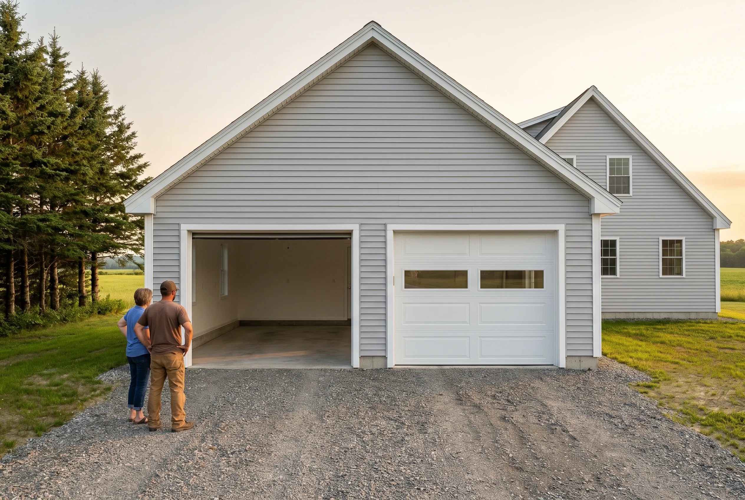 Two-bay detached garage in Chelsea, ME: A couple stands on the gravel driveway facing a white-sided garage with gabled roof. The left bay is open, the right bay has a white garage door with windows. Pine trees and green fields visible in background.