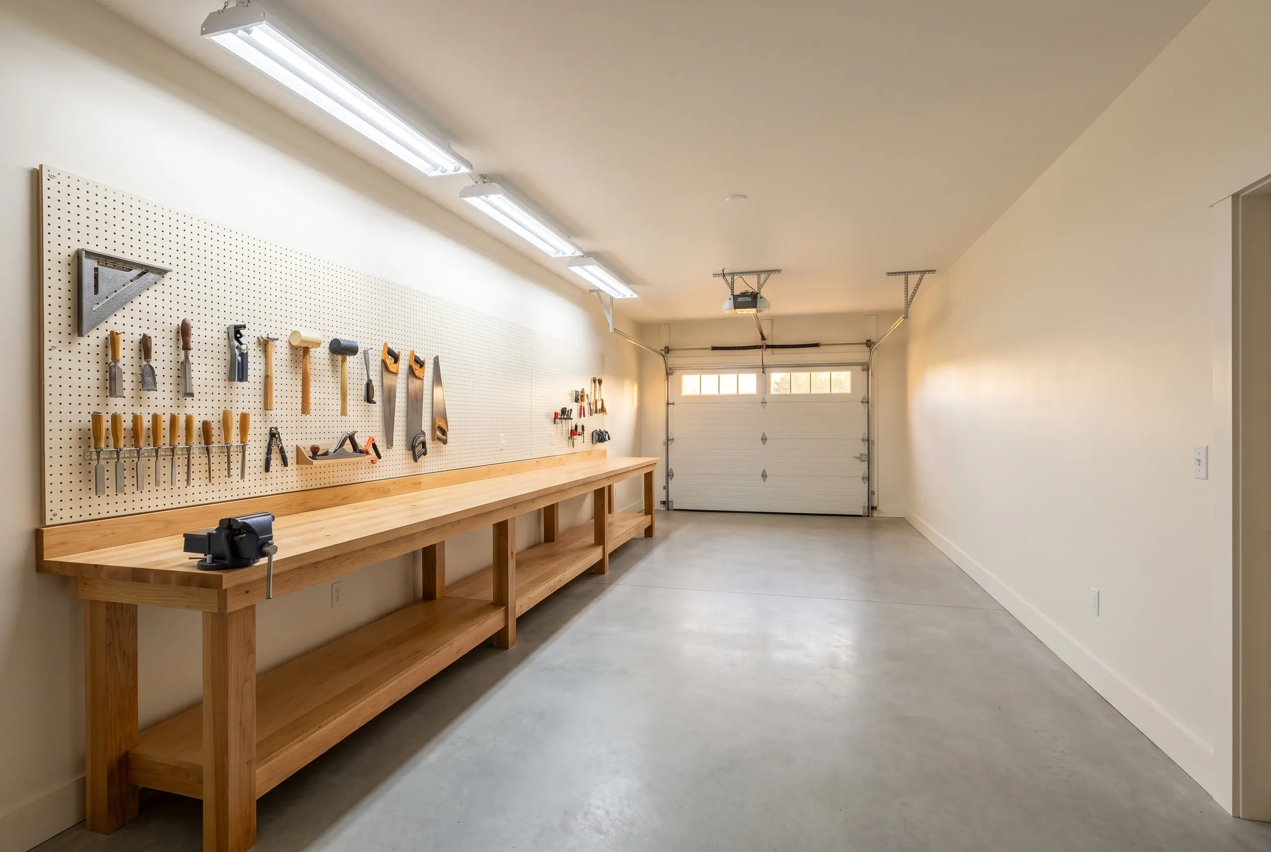 Detached single-bay garage in Chelsea, ME: Interior view of finished garage with wooden workbench, pegboard tool storage, concrete floor, and white garage door.