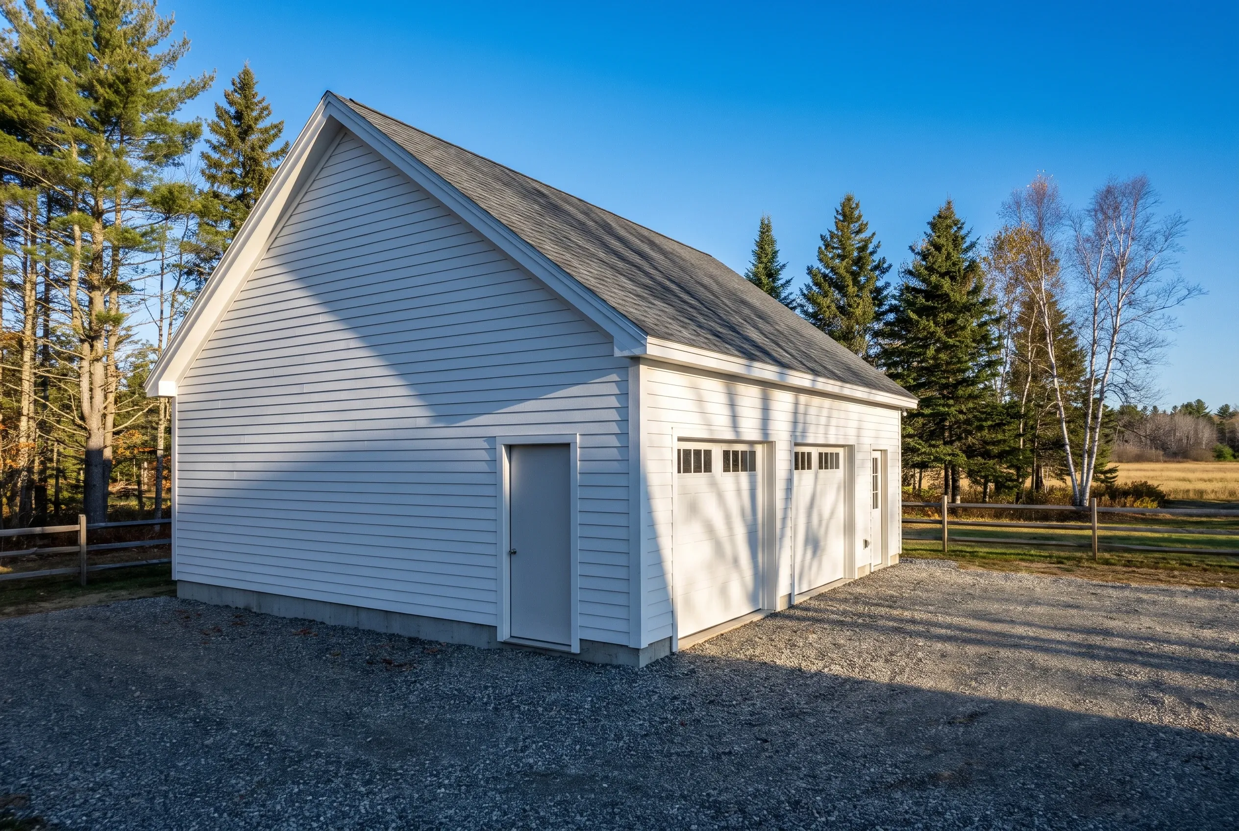 Two-bay detached garage in Dresden, Maine: White vinyl-sided garage with dark asphalt roof, two white garage doors, small side door, surrounded by evergreen and birch trees on gravel driveway.