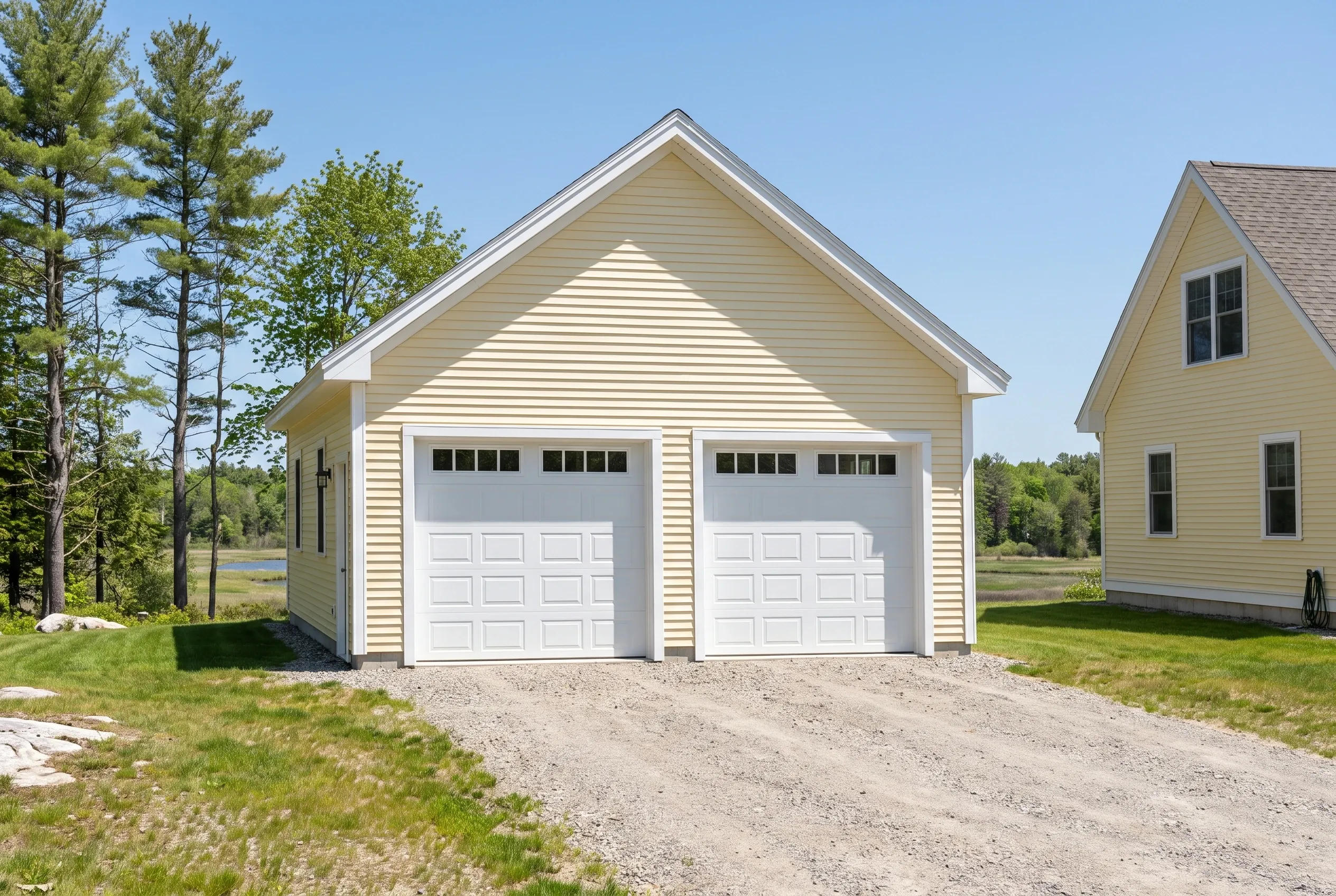 Two-bay detached garage in Dresden, ME: White two-bay garage with tan vinyl siding, gabled roof, and white garage doors, situated on gravel driveway with residential house visible to the right and trees in background.