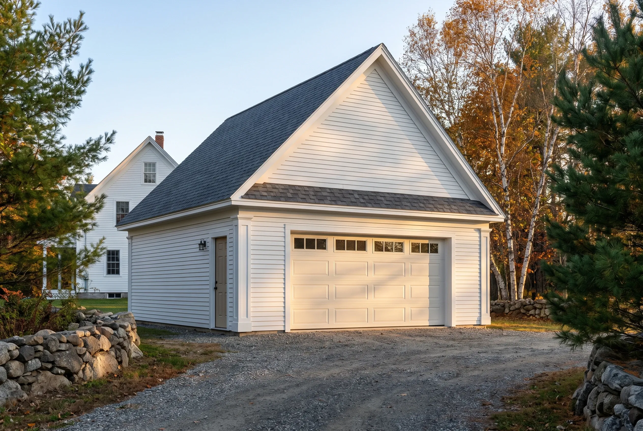 Detached two-bay garage in Dresden, ME: White vinyl sided garage with dark shingle roof, cream colored garage doors, stone foundation walls, surrounded by evergreen and birch trees in autumn.