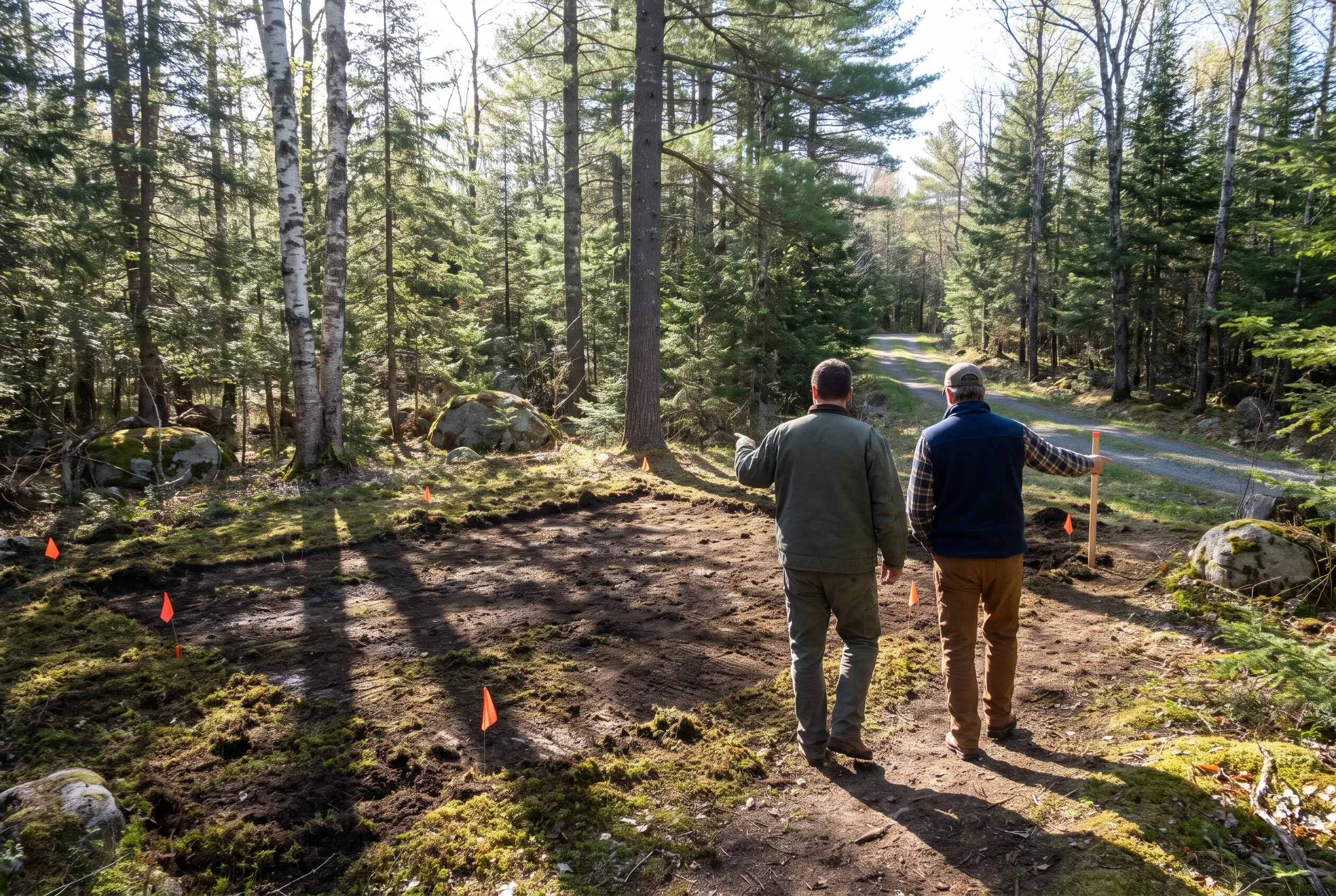 Forest driveway survey in Dresden, ME: Two men standing on a dirt forest road marked with orange flags, surrounded by tall trees and moss-covered ground.