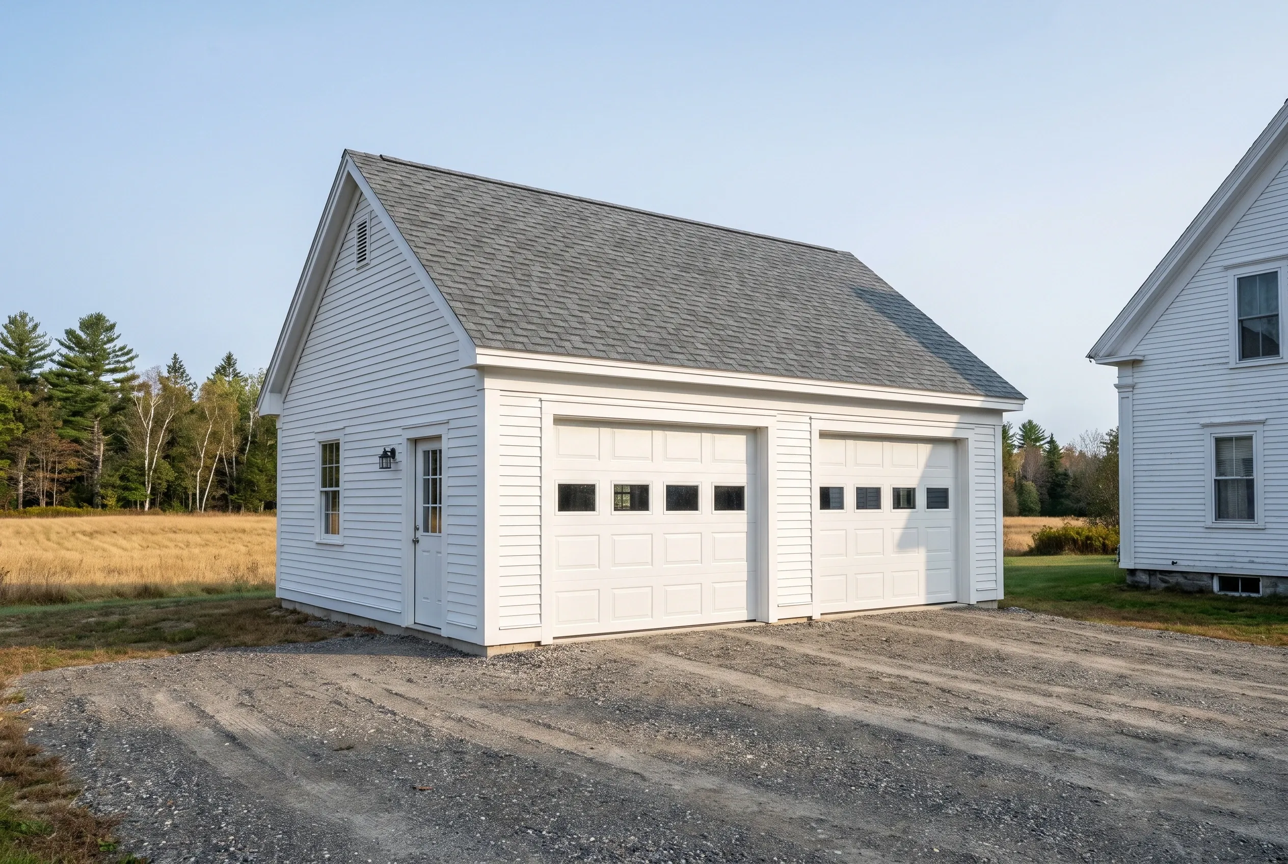 Garage builders in Dresden, ME: Two-bay white garage with gabled roof and gray shingles next to white house in rural setting with trees and fields.