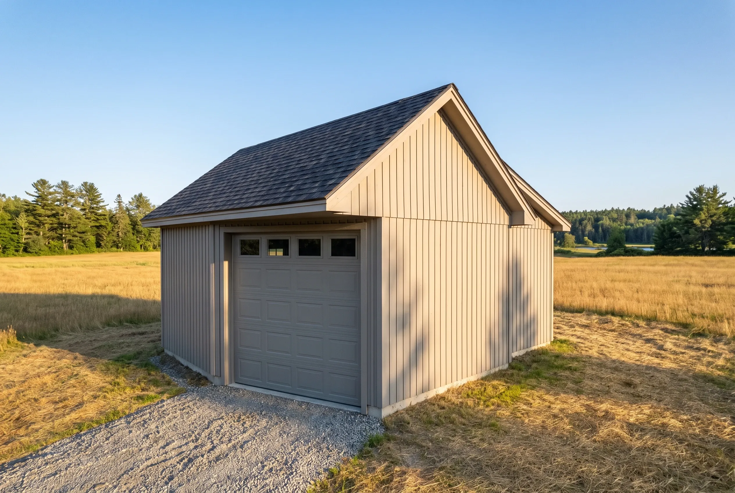 One-bay garage in Dresden, ME: Single-bay garage with tan vertical siding, dark shingle roof, and gray garage door in an open rural field with gravel driveway and tree line in background.