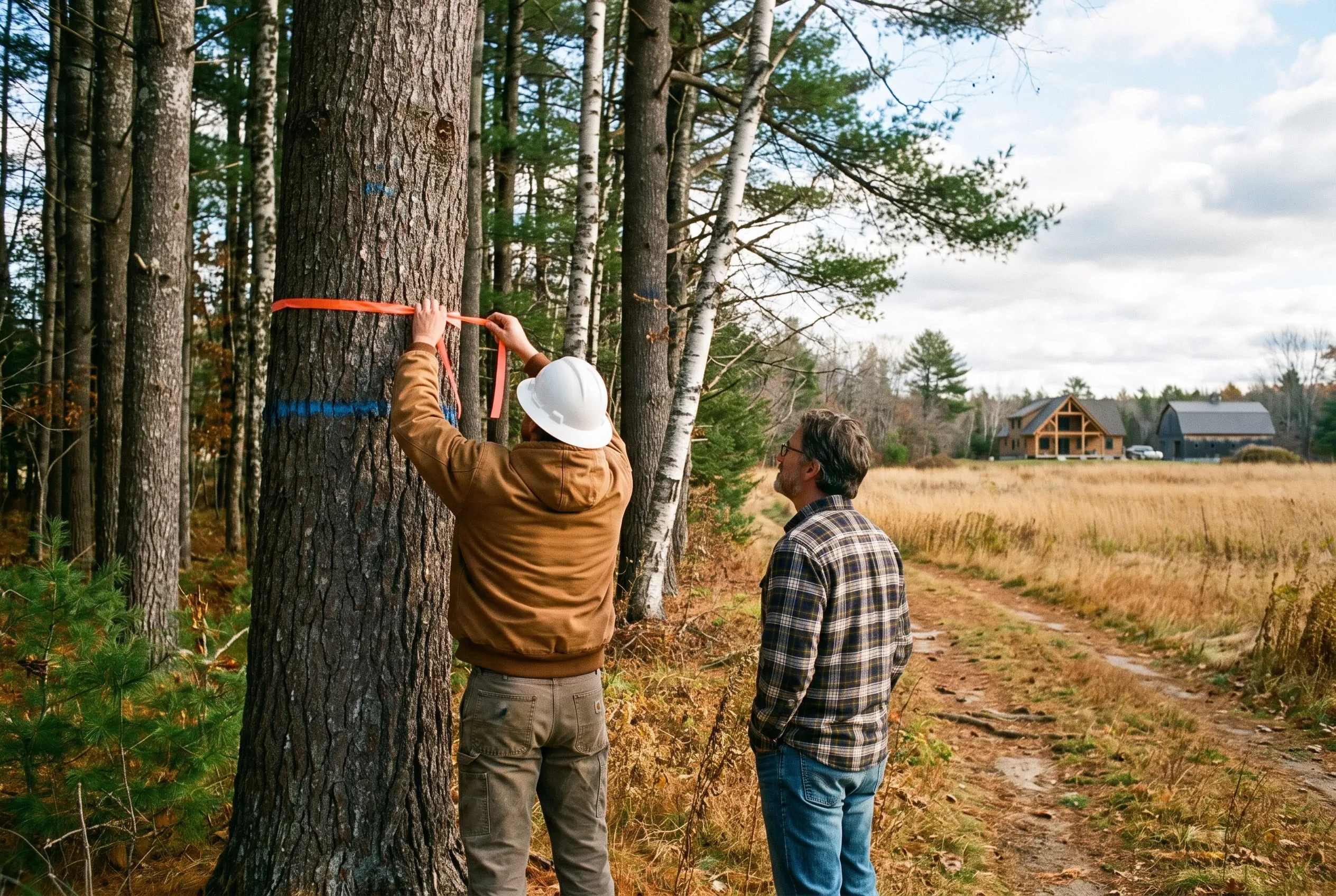 Detached garage with log siding in Dresden, ME: Two men marking a tree in a forest clearing, with a large log cabin-style building visible across an open field.