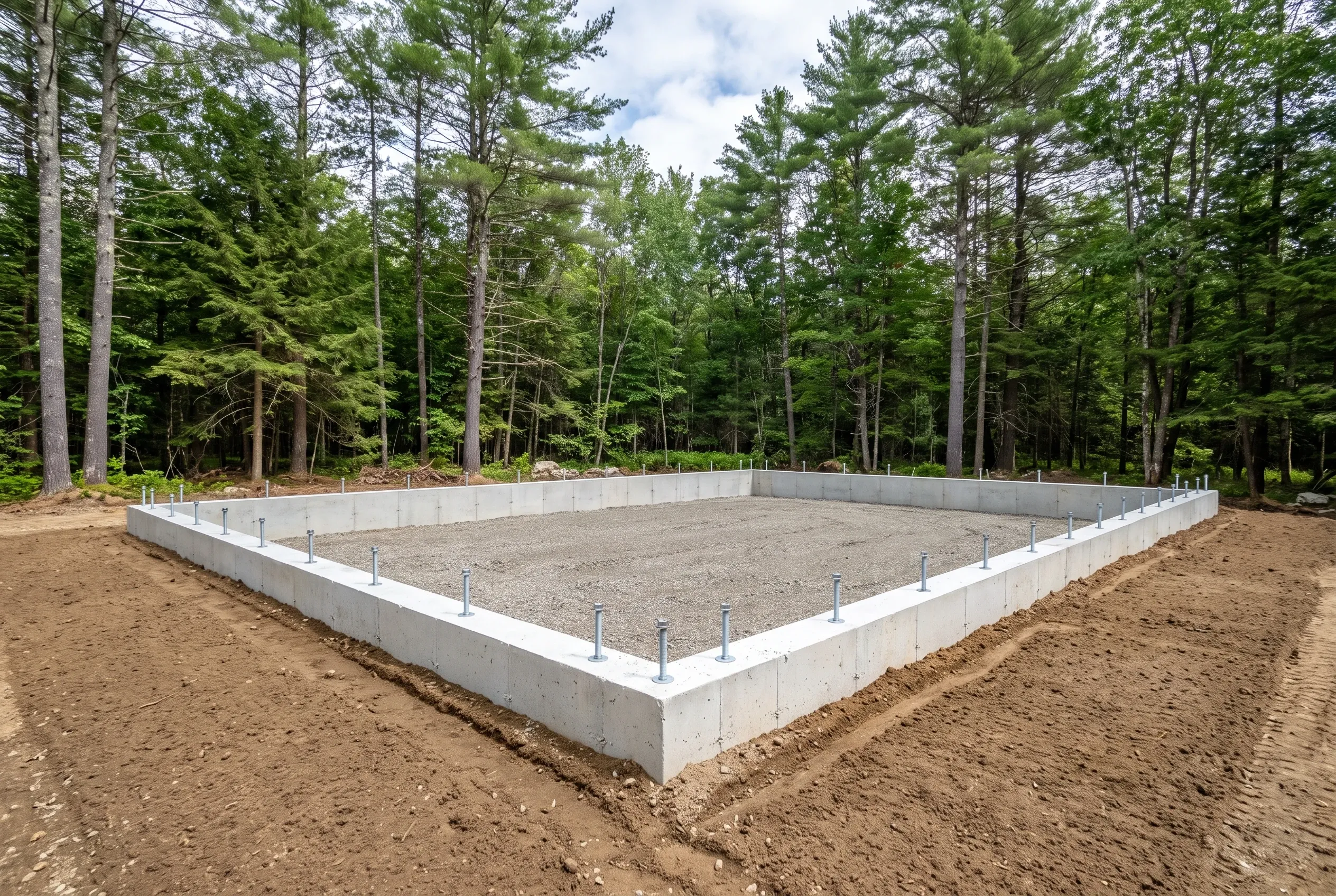Concrete foundation for garage in Dresden, ME: Rectangular concrete foundation with white perimeter walls and metal posts, surrounded by dirt and forest of evergreen trees.
