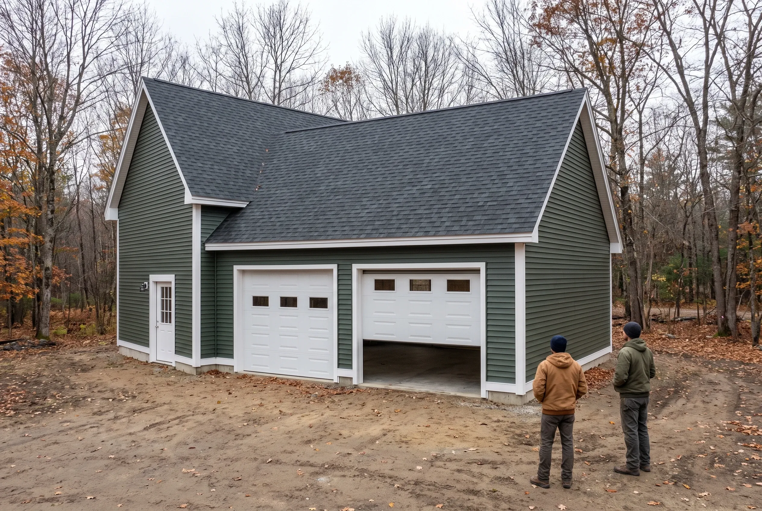 Detached two-bay garage in Dresden, ME: Green vinyl-sided garage with white trim and gray asphalt shingle roof surrounded by bare trees. Two people in jackets stand in the dirt driveway looking at the building.