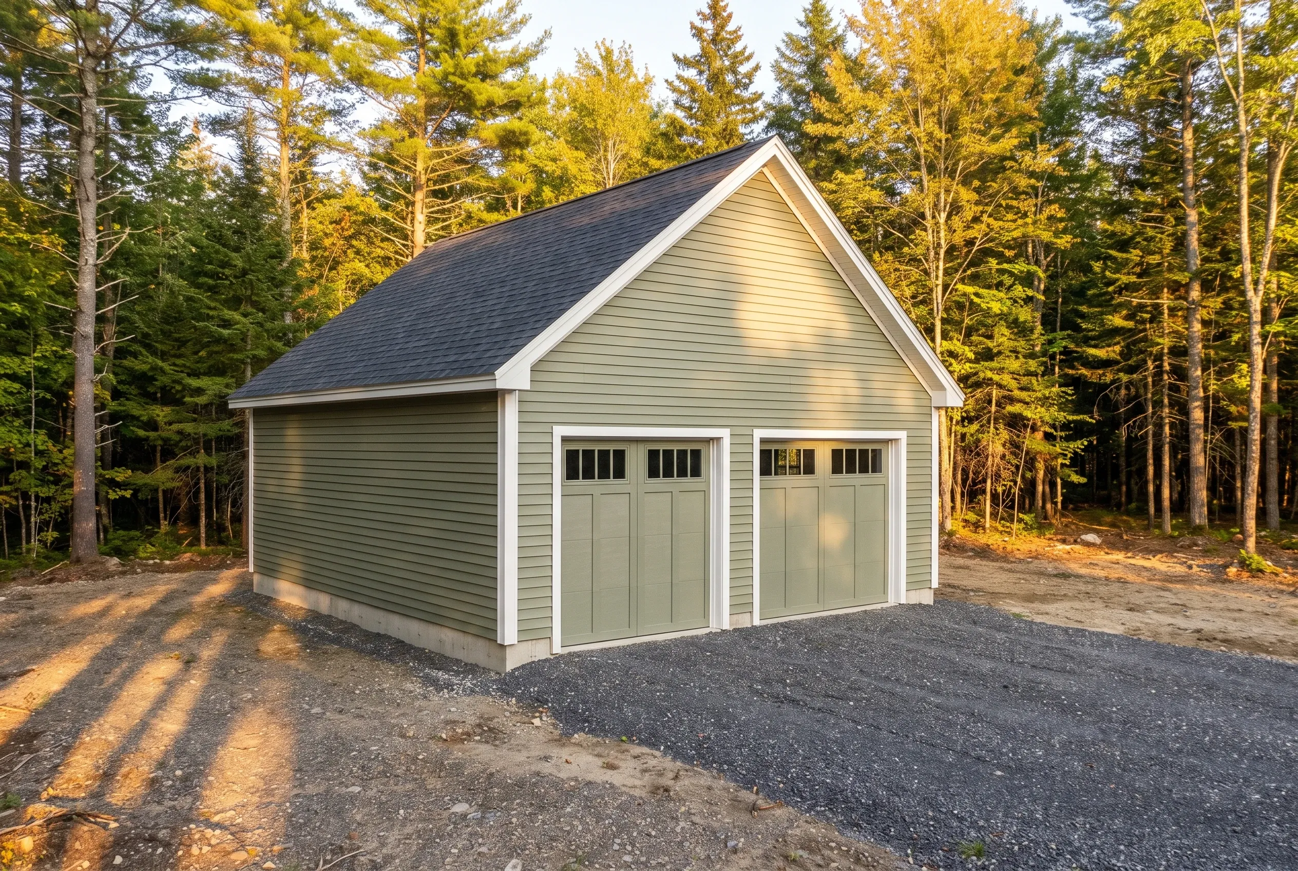Two-bay detached garage in Dresden, Maine: A two-bay garage with gray horizontal siding, white trim, dark shingle roof, and asphalt driveway surrounded by evergreen and deciduous trees.