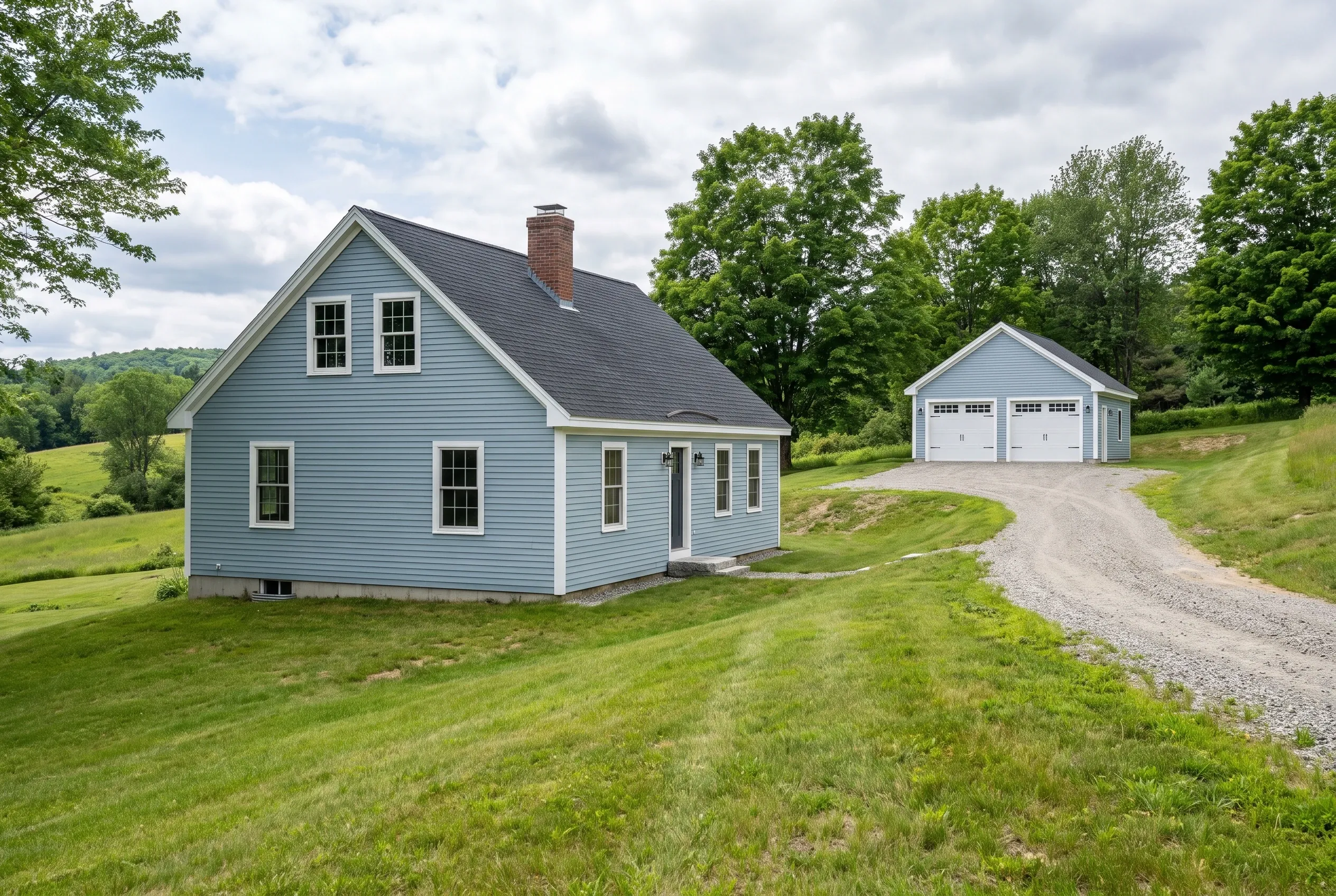 Detached two-bay garage in Farmingdale, ME: White two-bay garage with white doors on gravel driveway beside light blue house with dark roof in rural setting with green lawn and trees.