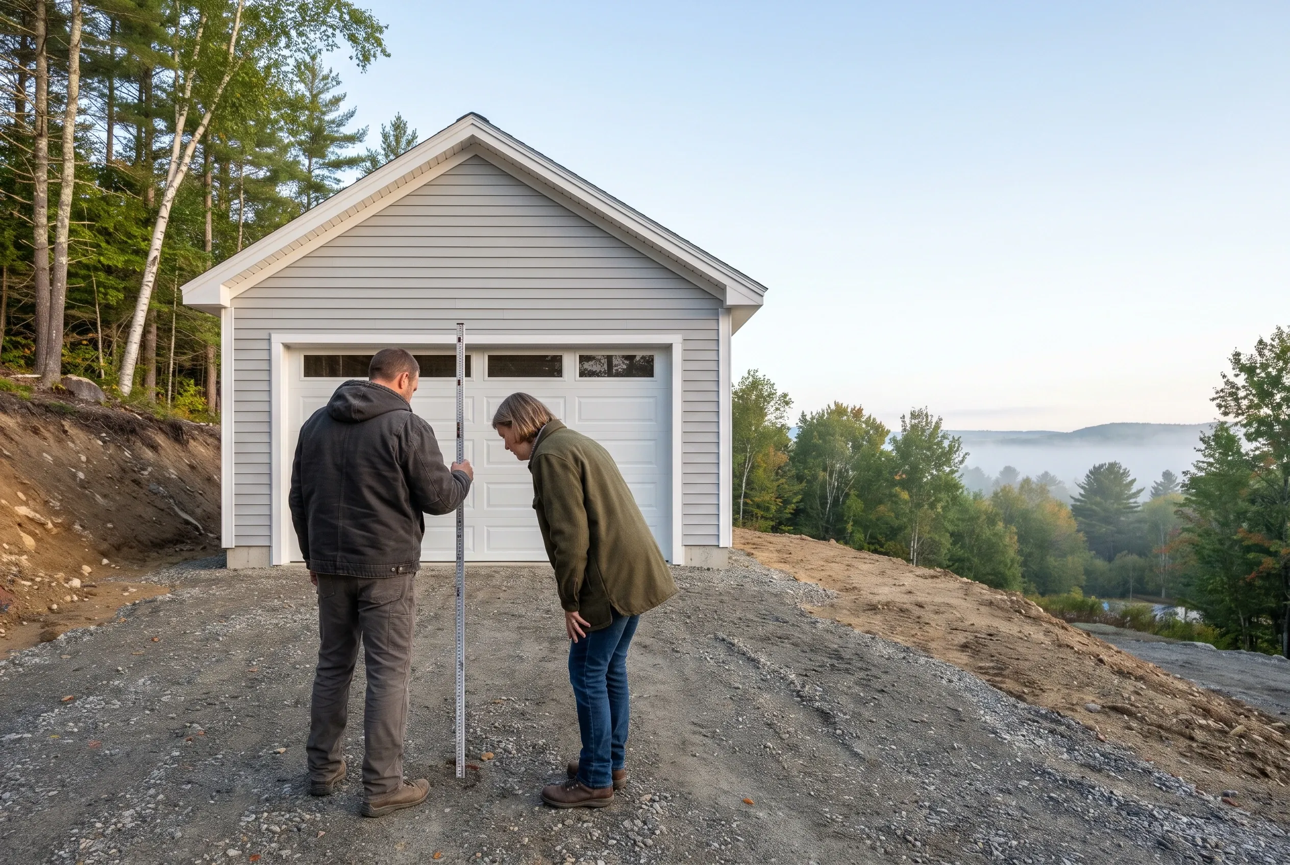 Detached two-bay garage in Farmingdale, ME: Two people stand in front of a single-story garage with gray horizontal siding and a peaked roof. White garage doors face forward. The structure sits on a gravel driveway on a hillside with dense forest and distant mountains visible.