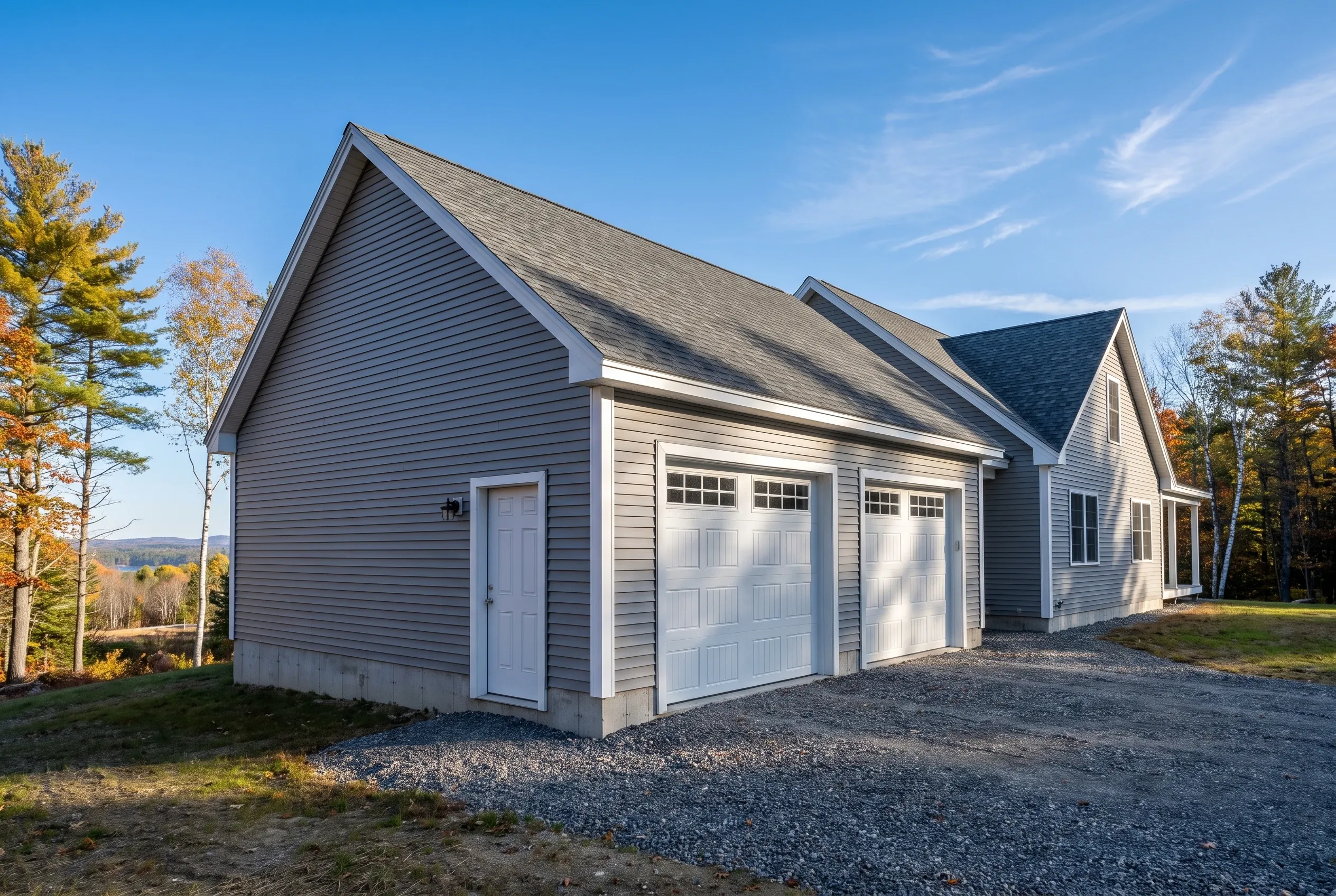 Garage builders in Farmingdale, ME: Two-bay white garage with gray roof and vinyl siding in rural wooded setting with autumn foliage.