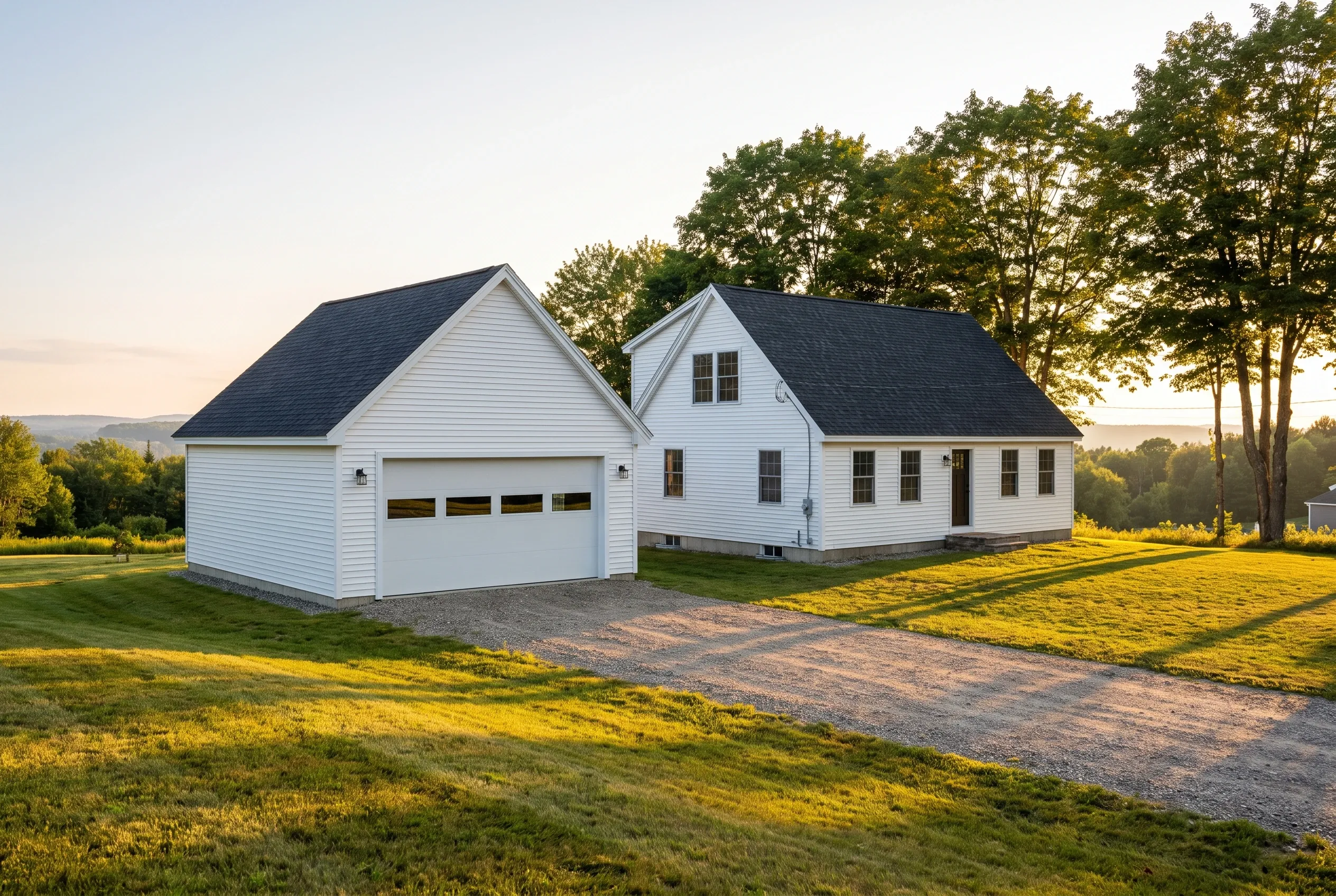Detached two-bay garage in Farmingdale, ME: White vinyl sided garage with dark shingle roof next to white farmhouse on gravel driveway surrounded by green lawn and trees at sunset.