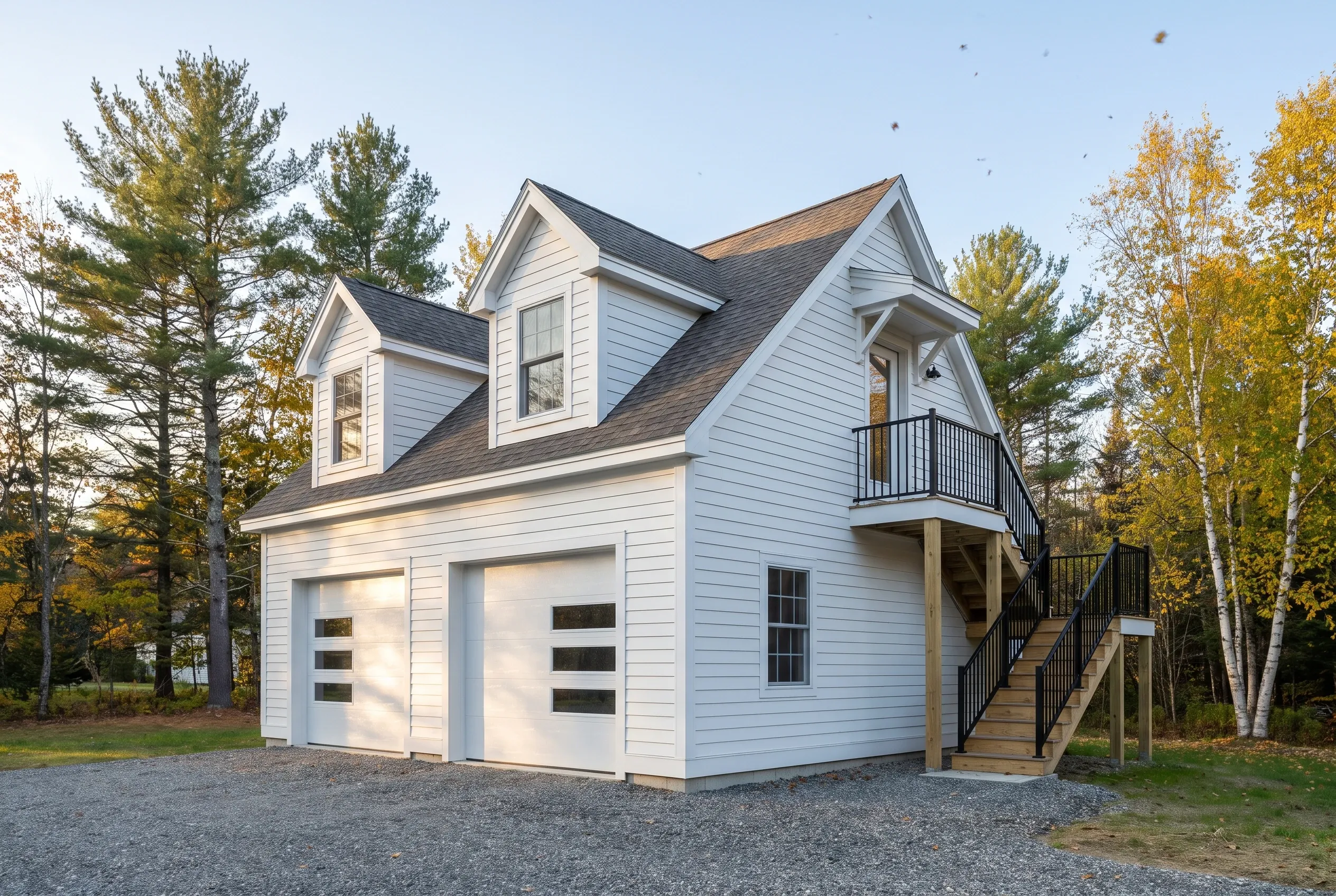 Detached two-bay garage in Farmingdale, ME: White sided garage with dark roof and two white garage doors, upper level with deck and stairs, surrounded by evergreen and birch trees in autumn.