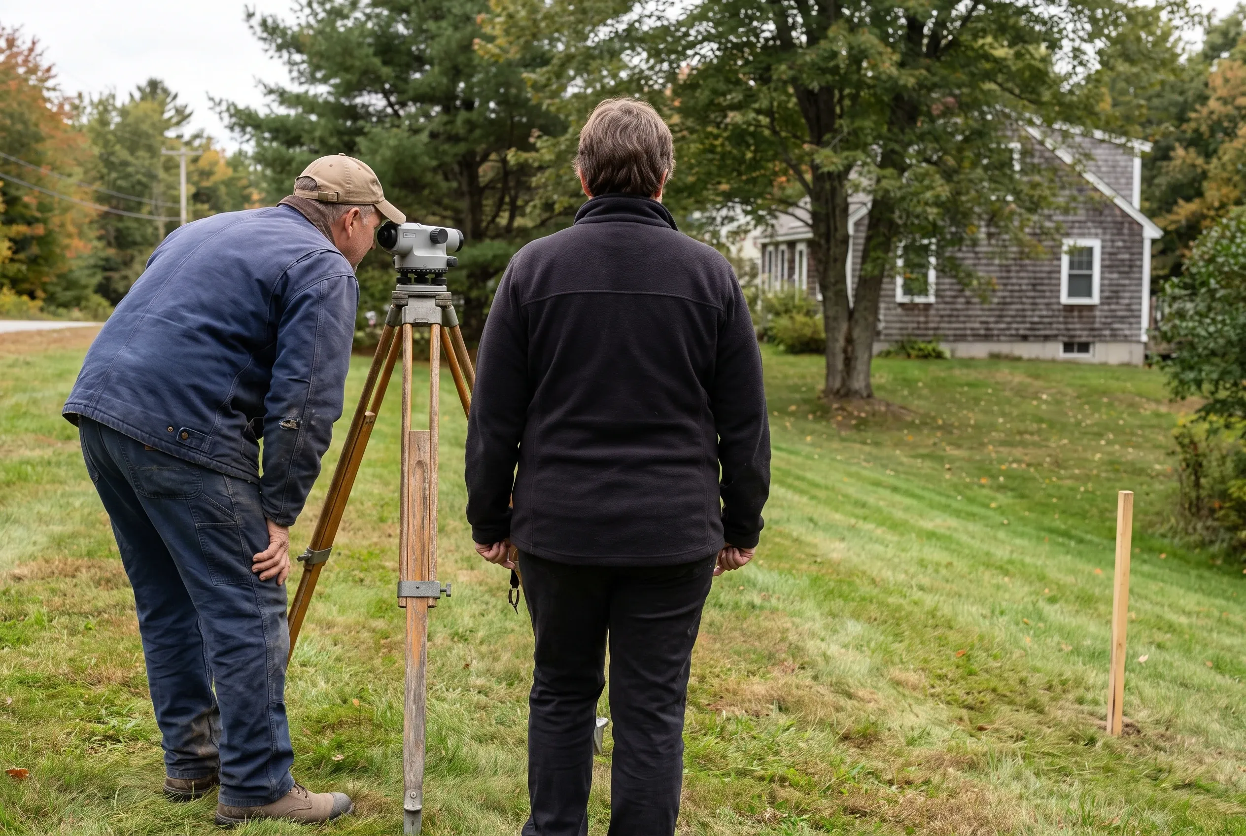 Detached one-bay garage in Farmingdale, Maine: Two men surveying property with surveying equipment on tripod, wooden stake visible in grass, house with wood shingle siding and pitched roof in background.