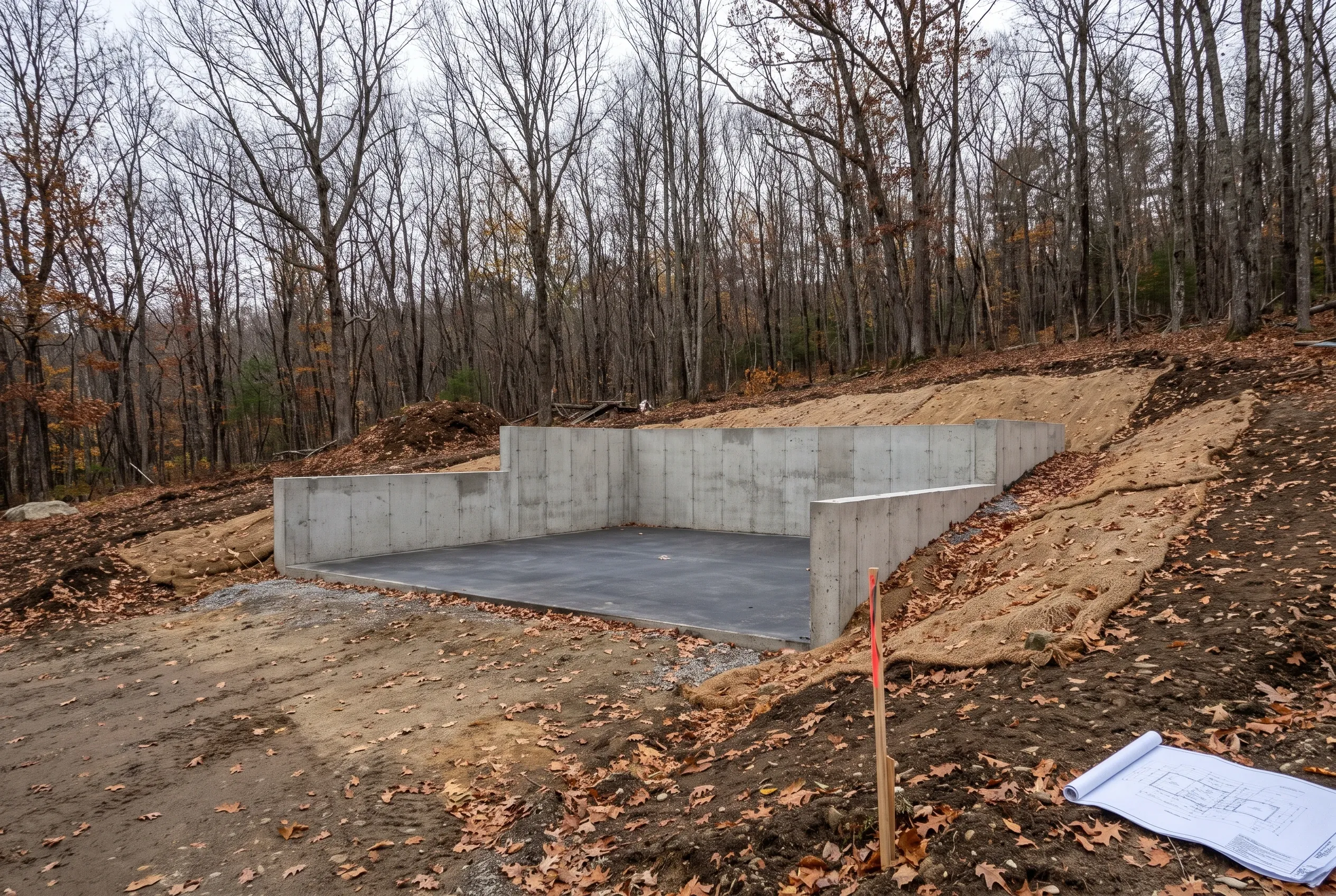 Concrete foundation for garage in Farmingdale, ME: Concrete pad and walls under construction in wooded hillside setting with bare trees and fallen leaves.