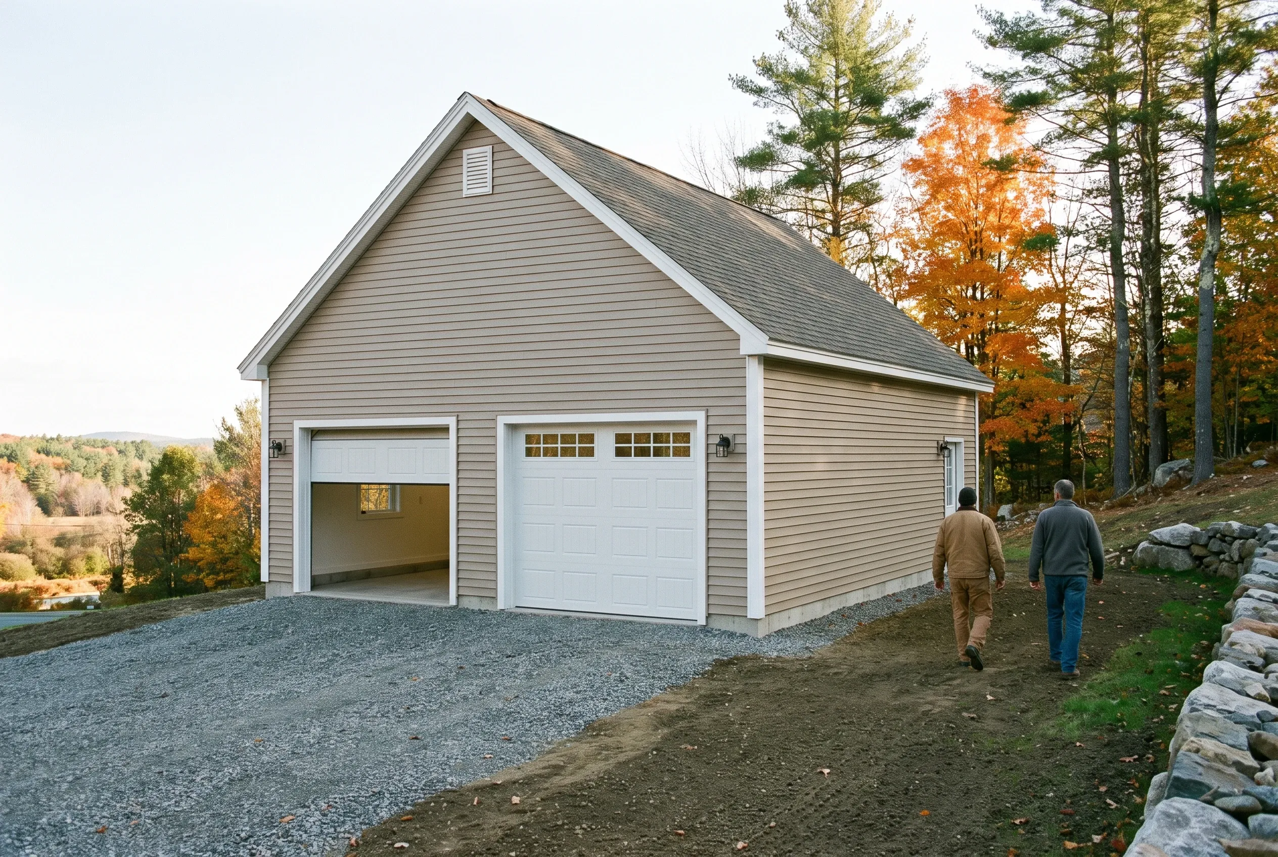 Two-bay detached garage in Farmingdale, Maine: A two-bay garage with tan vinyl siding and dark roof sits on gravel. Two men walk toward it. Fall foliage and evergreens surround the hillside setting.