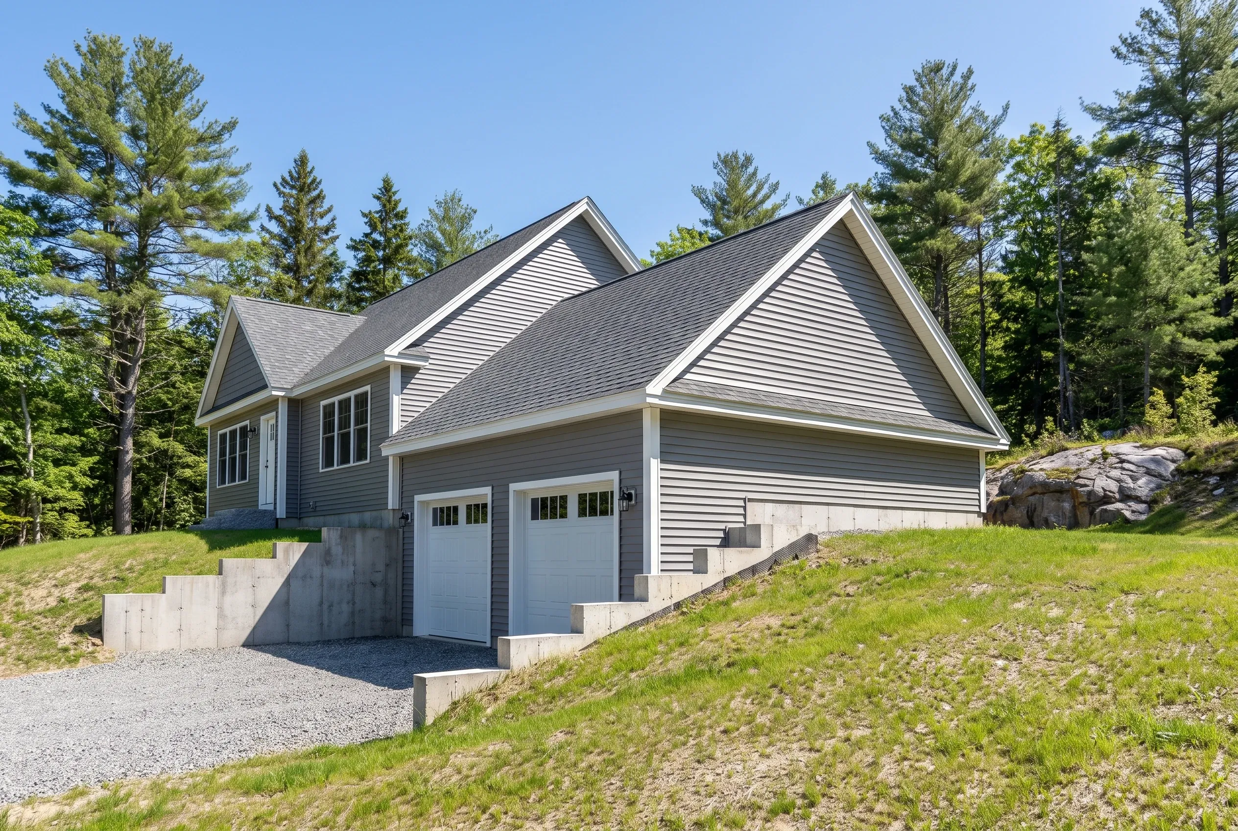 Two-bay garage in Farmingdale, Maine: White two-bay garage with gray vinyl siding and gray roof sits on gravel driveway on sloped, grassy lot surrounded by evergreen trees.