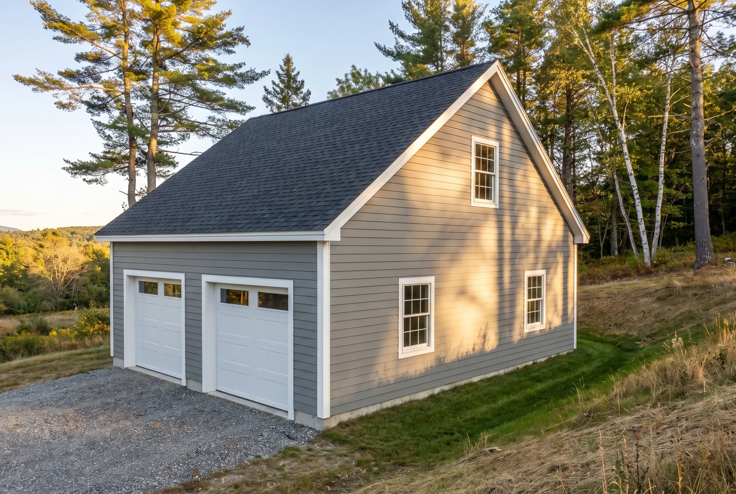 Detached two-bay garage in Farmingdale, ME: Gray sided garage with white trim and dark roof situated among pine trees on a gravel driveway.